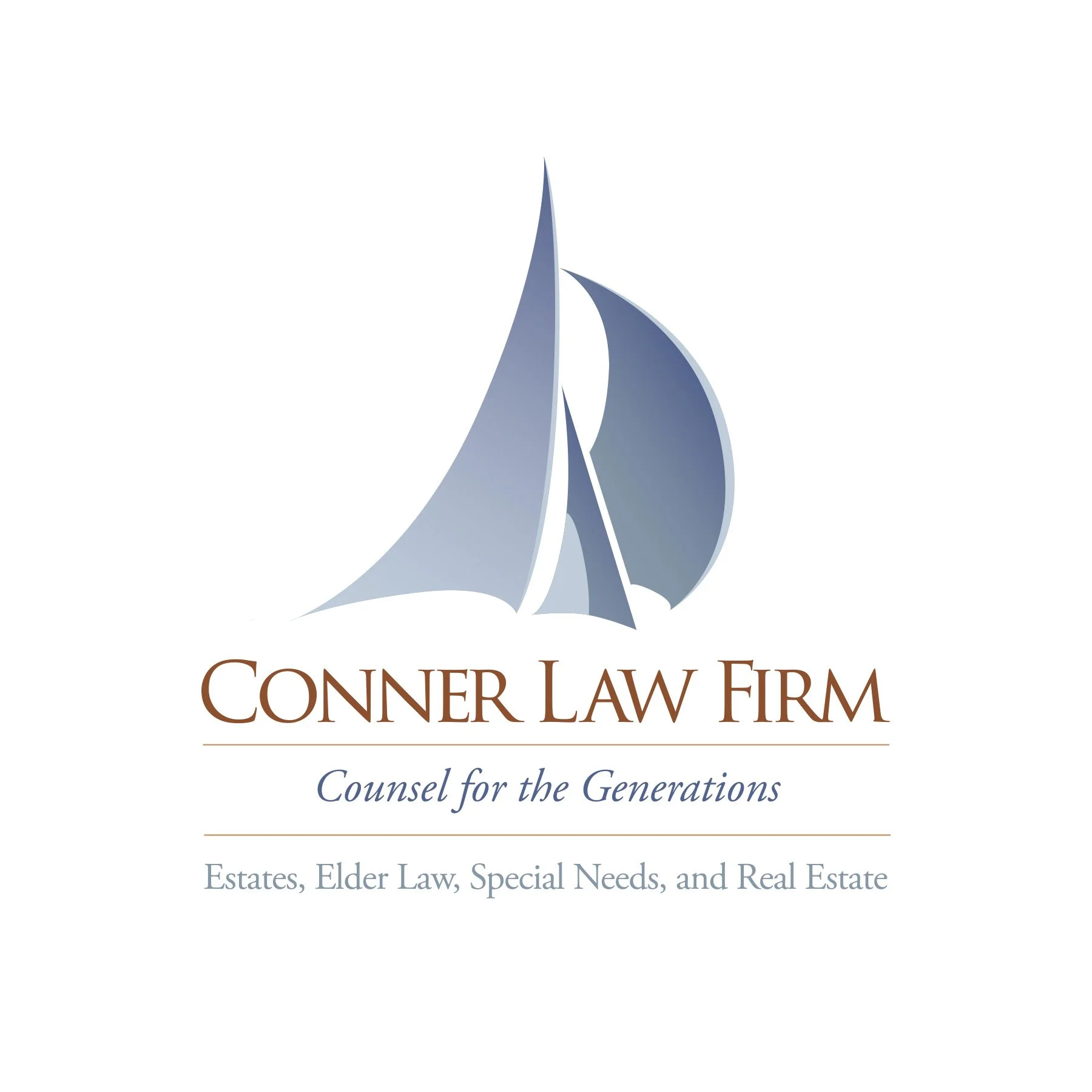 Logo of Conner Law Firm featuring a stylized sailboat in shades of blue and gray with the firm name beneath, and the tagline "Counsel for the Generations" below that.