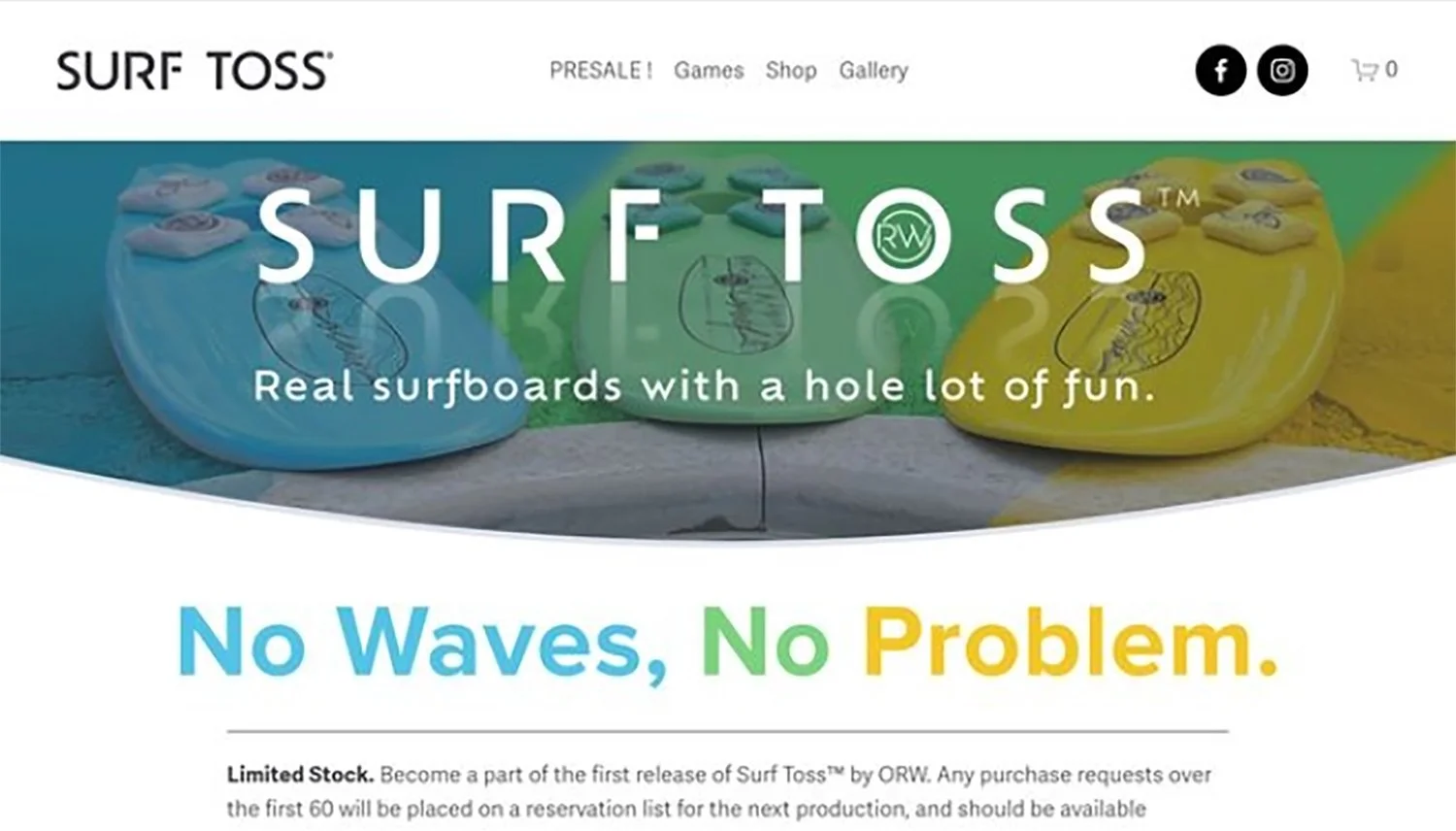 Website homepage for SURF TOSS selling real surfboards with a hole, featuring colorful boards in blue, green, and yellow, and promotional text emphasizing the boards' wave-free design.