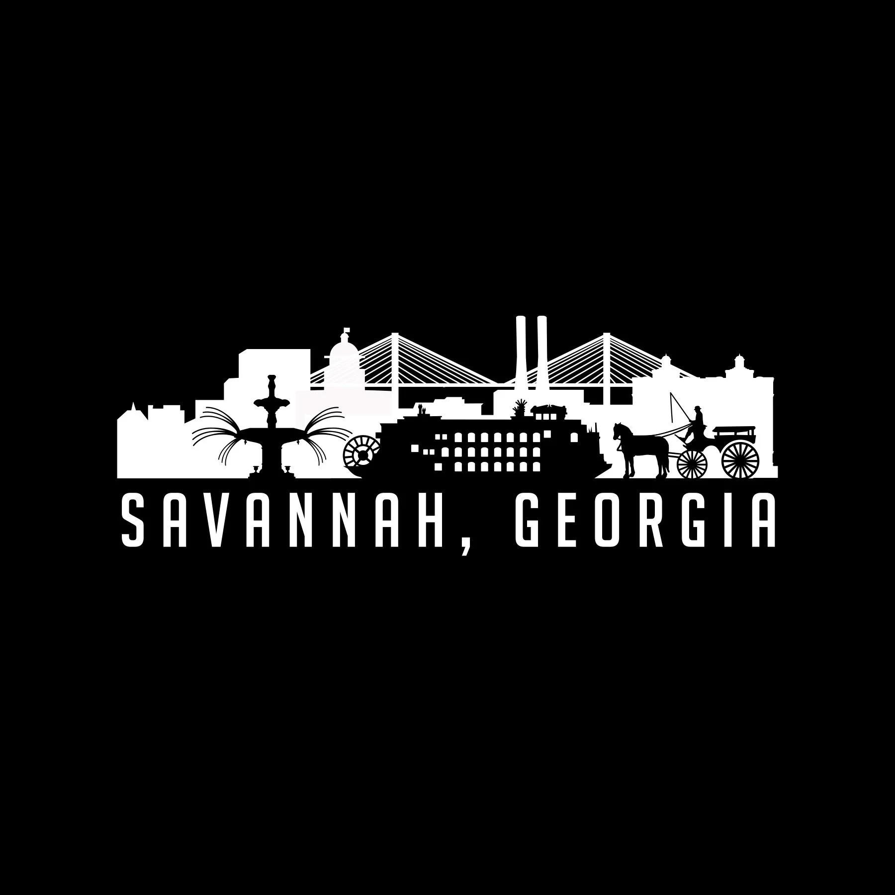 Black and white silhouette of Savannah, Georgia skyline with historical monuments, a fountain, a ship, and a horse-drawn carriage, captioned "Savannah, Georgia".