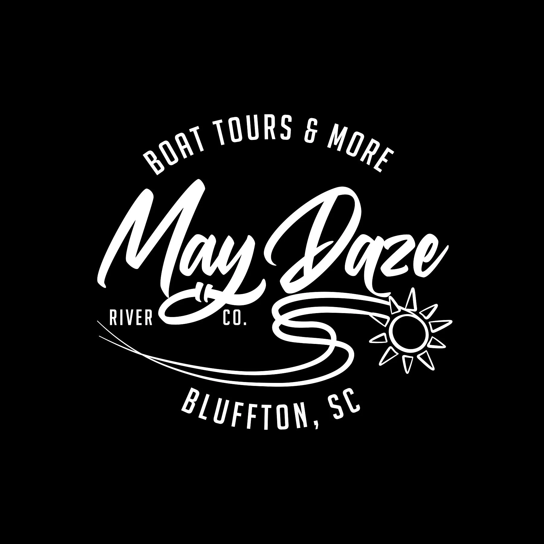 Logo for May Day boat tours and more, located in Bluefin, South Carolina, featuring a stylized sun and a boat.