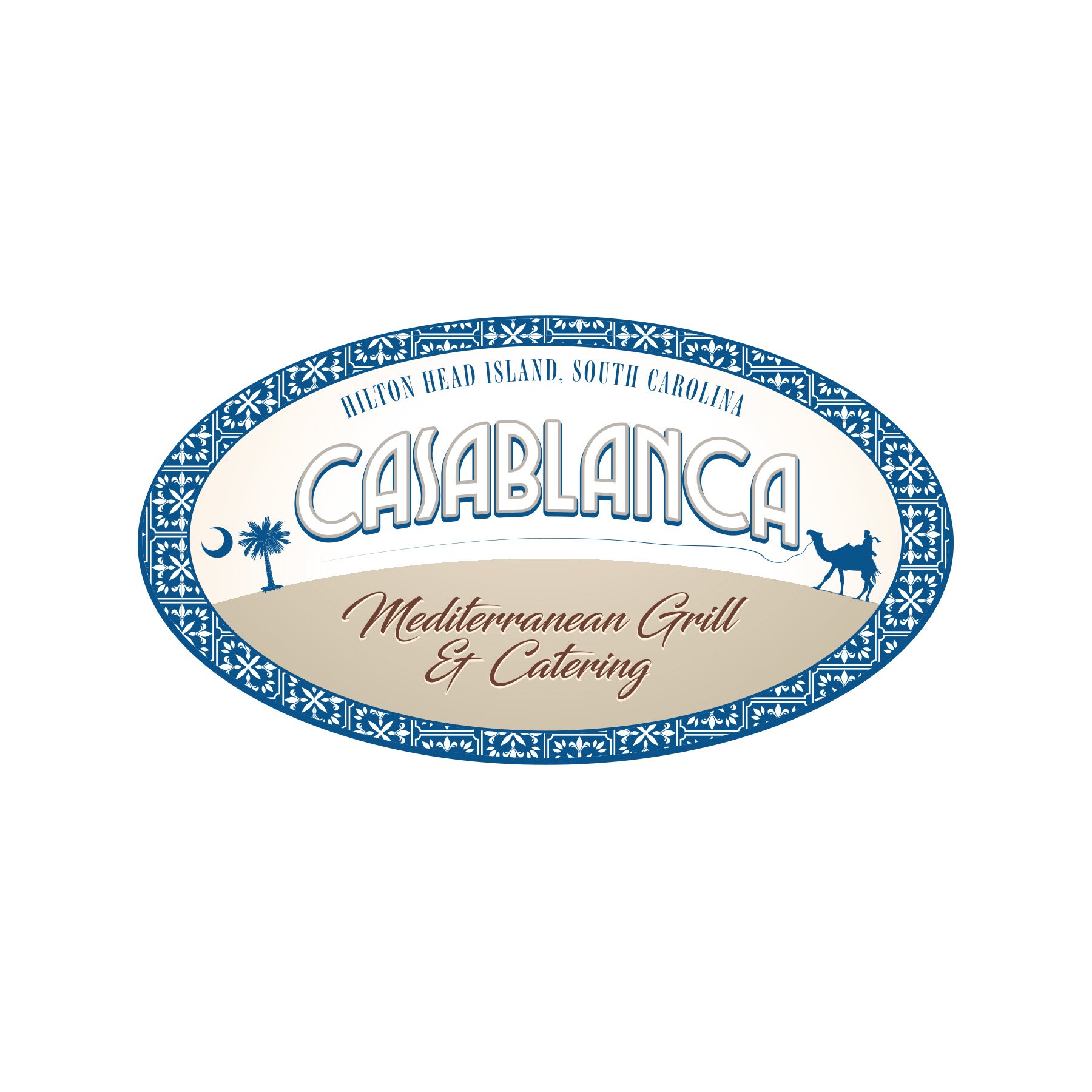 Logo for Casablanca Mediterranean Grill and Catering, located in Hilton Head Island, South Carolina, features a sandy background with a decorative blue and white border, a camel, a moon, palm trees, and text indicating location and type of restaurant
