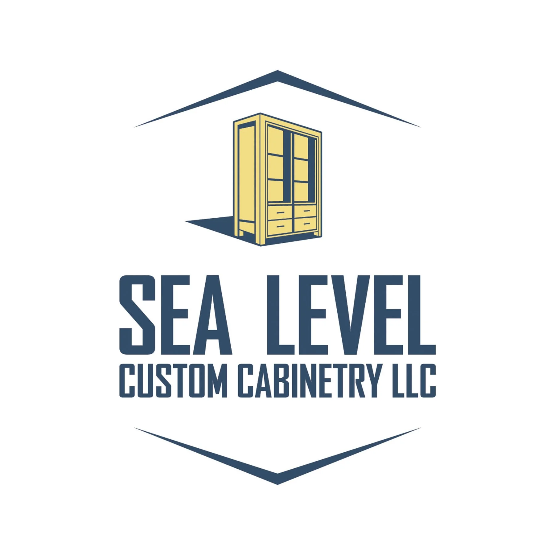 Logo for Sea Level Custom Cabinetry LLC featuring a yellow cabinet illustration beneath a stylized roofline and the company name written below in bold navy blue letters.
