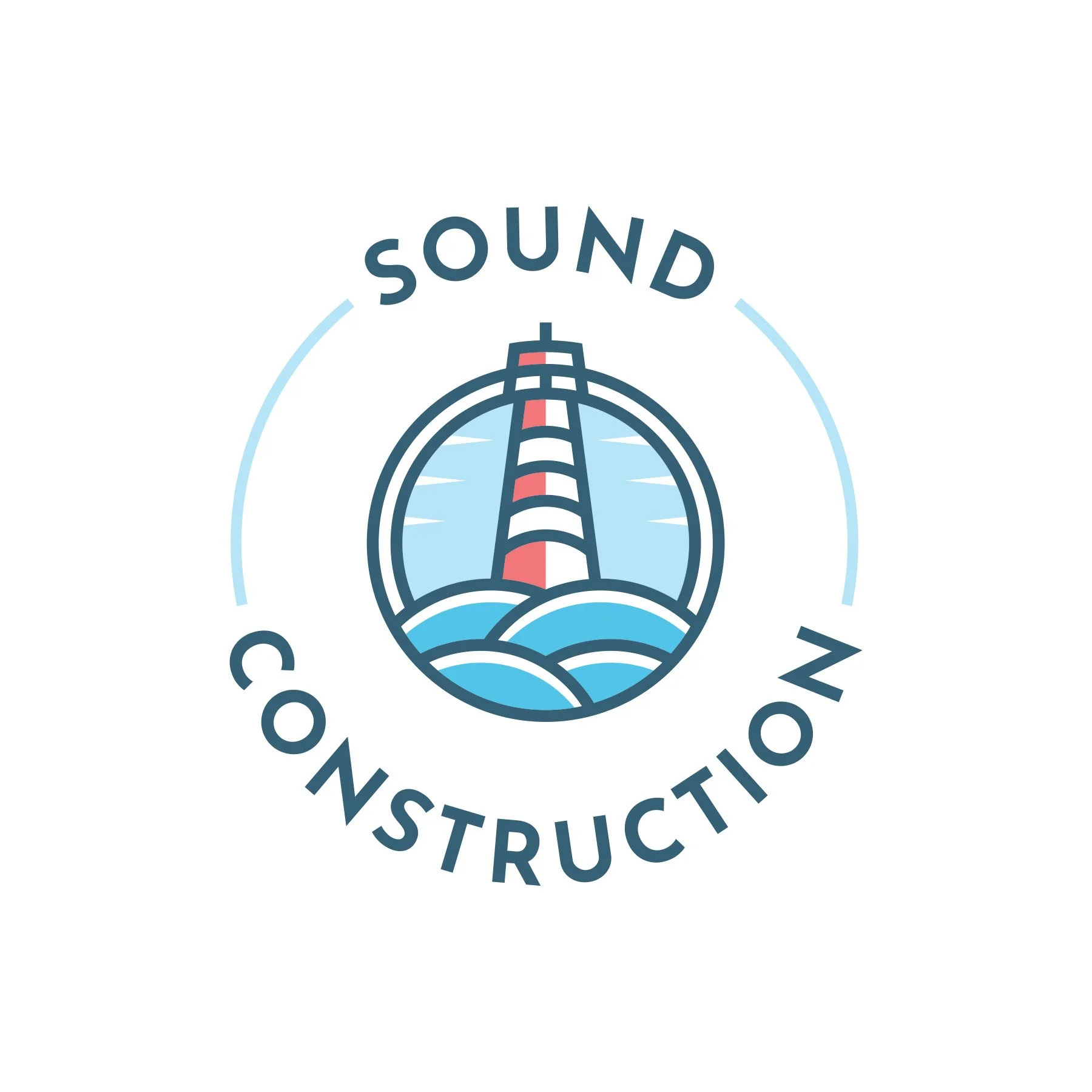 Logo of the Ocean State Construction with a lighthouse emitting light and the words 'SOUND' above and 'CONSTRUCTION' below.