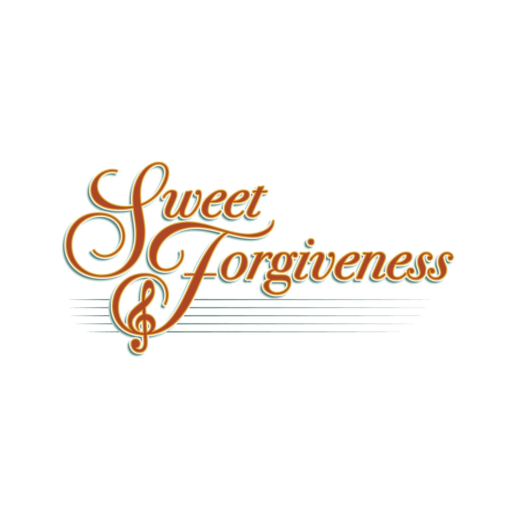 Partial view of a graphic with the words 'Sweet Forgiveness' written in stylish brown and orange script, with musical note accents and lined paper background.