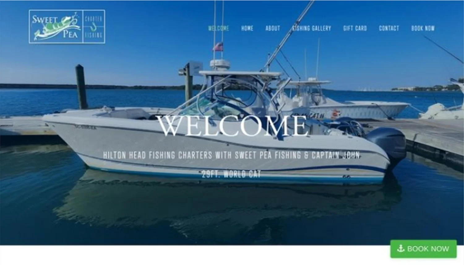 A boat docked at a marina on a clear day, with a website overlay for Hilton Head fishing charters and Sweet Pea Fishing, including a welcome message and navigation menu.