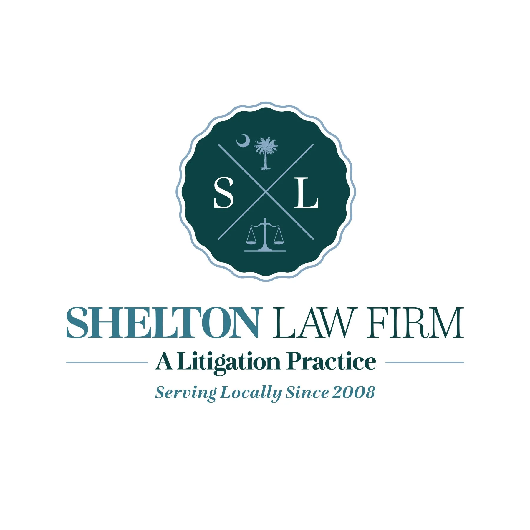 Shelton Law Firm logo with a dark green background, a palm tree, a crescent moon, scales of justice, and "S" and "L" initials, along with the text "A Litigation Practice" and "Serving Locally Since 2008."