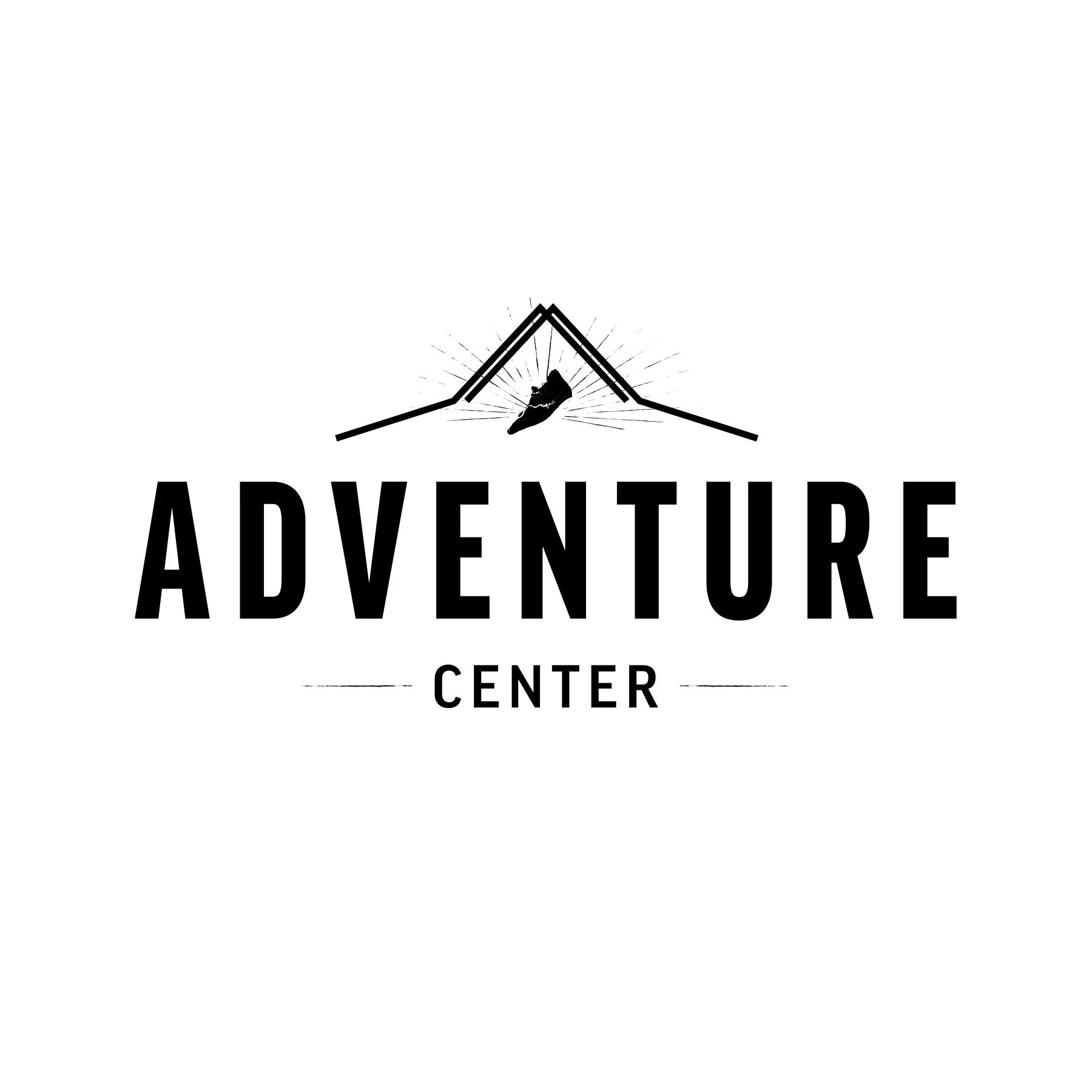 Logo with mountain peaks, a climbing shoe, and the words 'Adventure Center' in bold black letters.