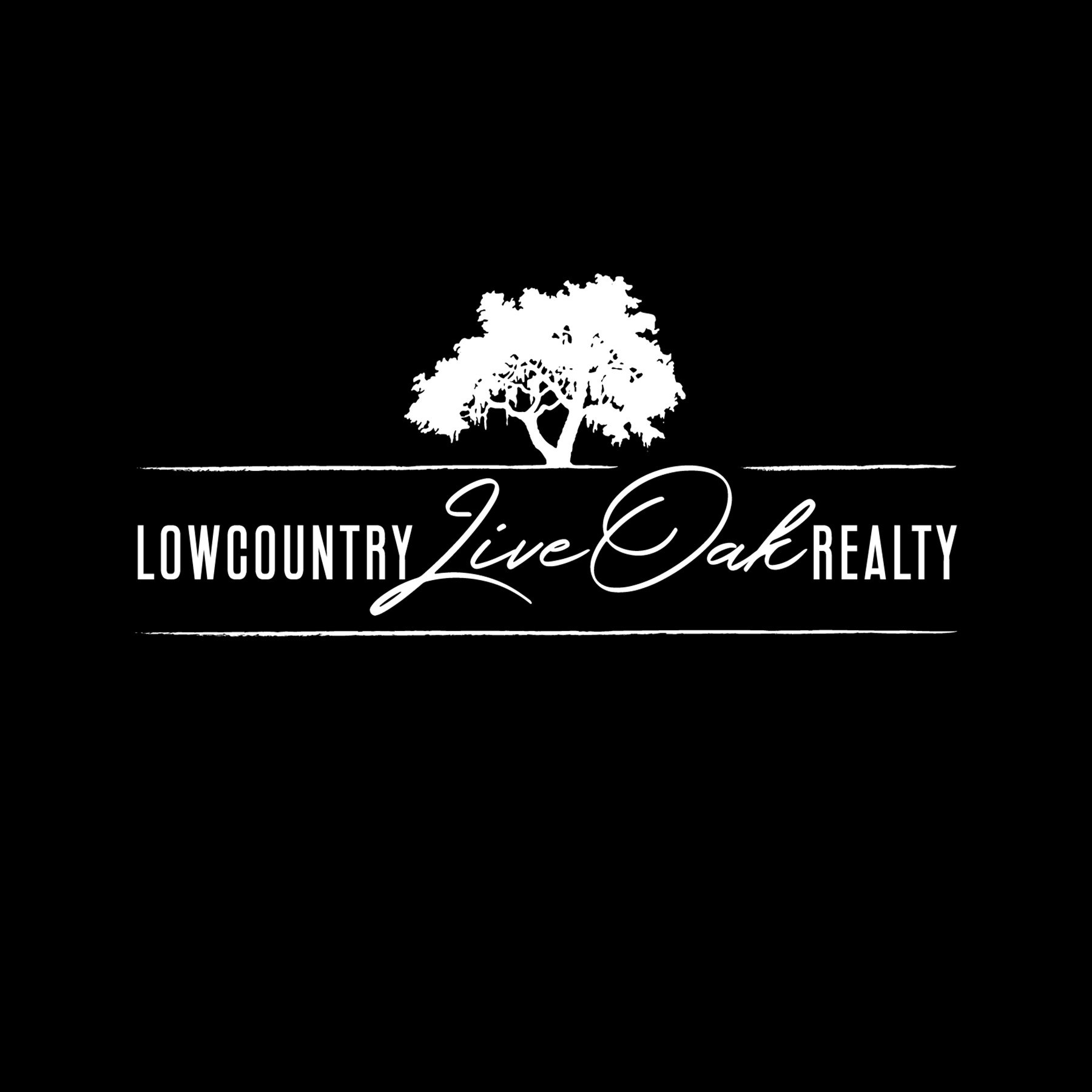 Logos of Lowcountry Live Oak Realty, featuring an illustration of a live oak tree and text in white against a black background.