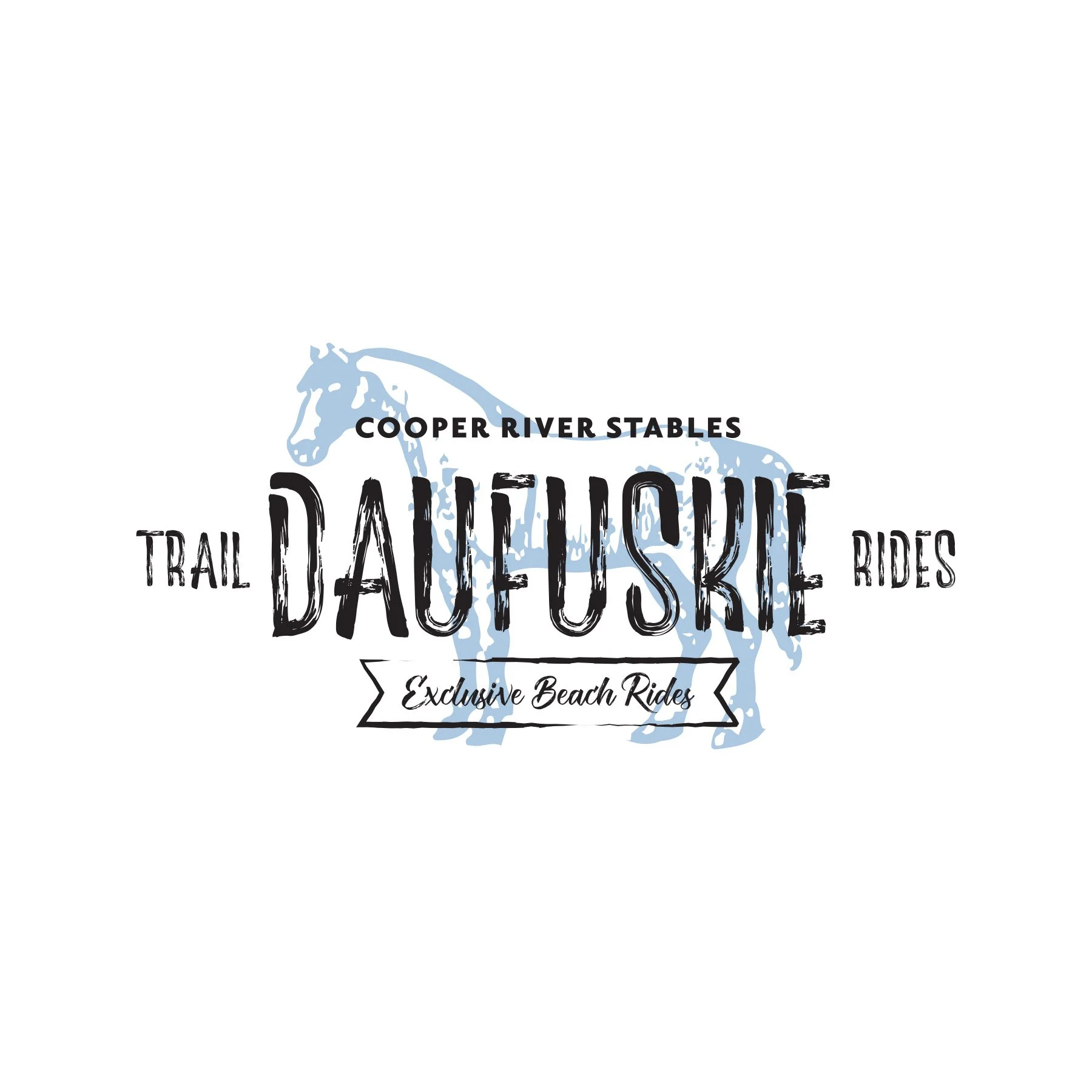 Graphic promoting trail, dune, and bicycle rides at Cooper River Stables with a blue horse outline in the background and stylized text.