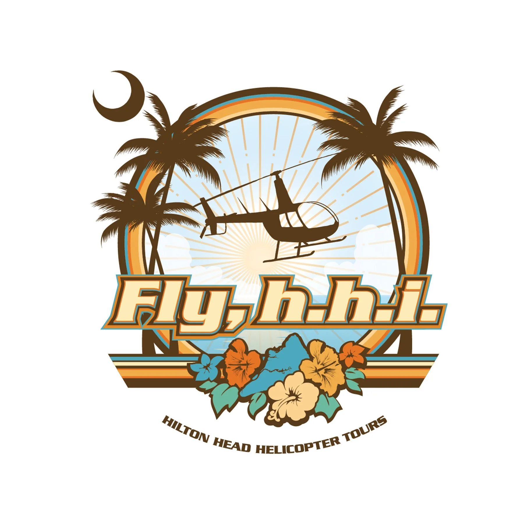 A colorful graphic promoting Fly Hawaii helicopter tours, featuring a helicopter, a rainbow, palm trees, a mountain landscape, a moon, and the text 'Fly Hawaii'.