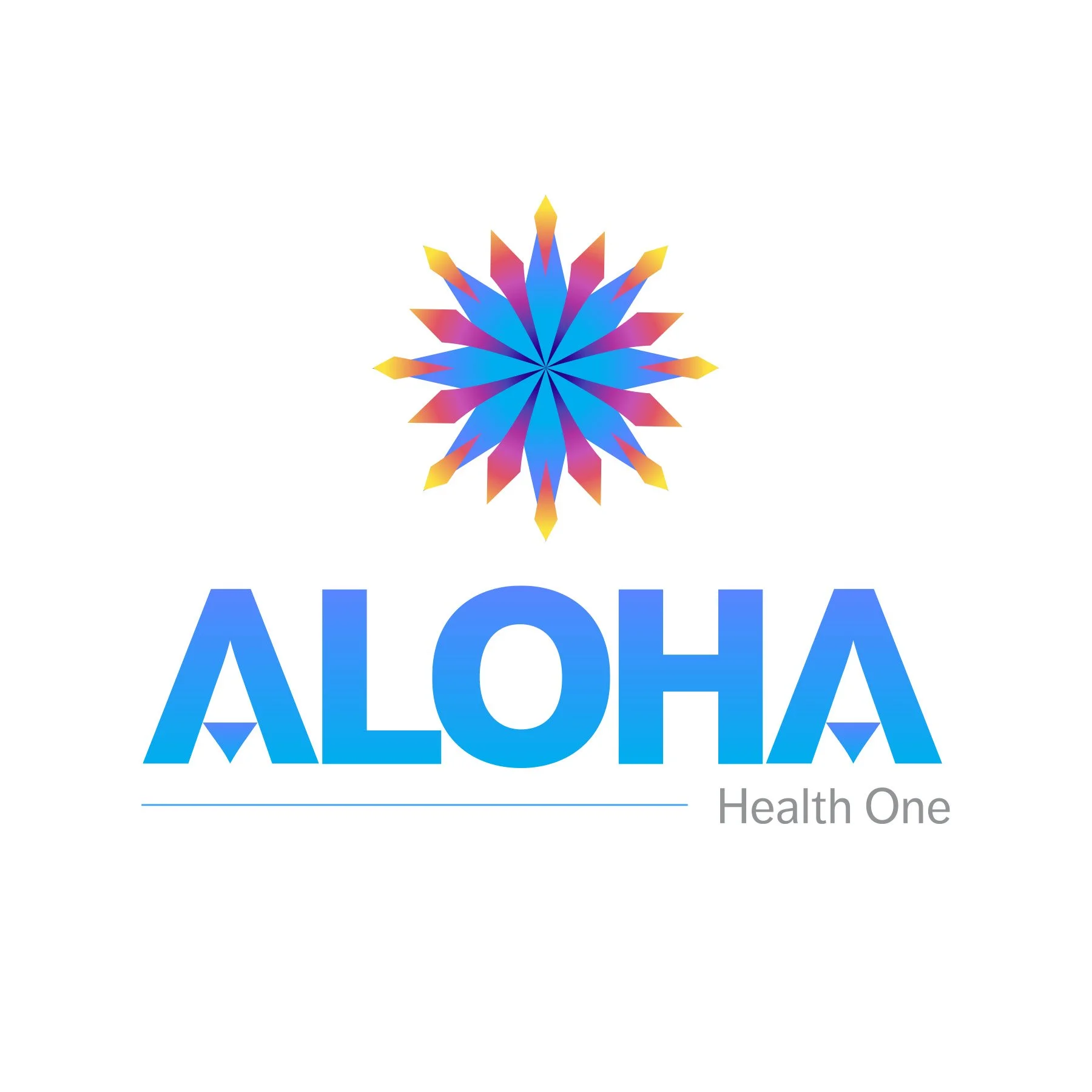 A colorful snowflake with shades of blue, purple, yellow, and orange above the word 'ALOHA' in large blue gradient letters, with the words 'Health One' underneath.