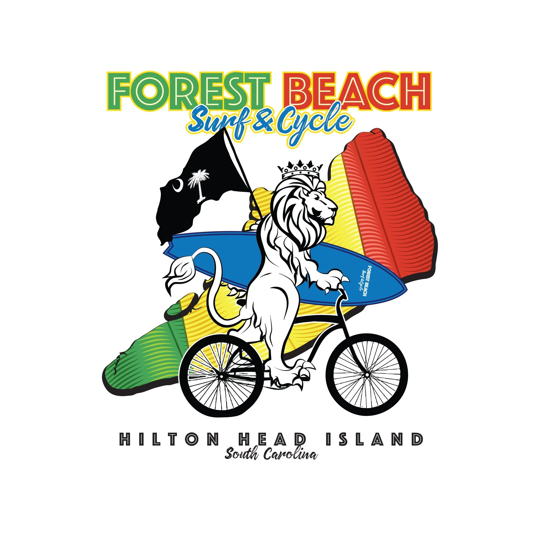 A graphic design features a white lion with a crown riding a bicycle, with a sunset range in the background and a black flag with a palm tree and a moon. The design is for Hilton Head Island, South Carolina, promoting outdoor activities.