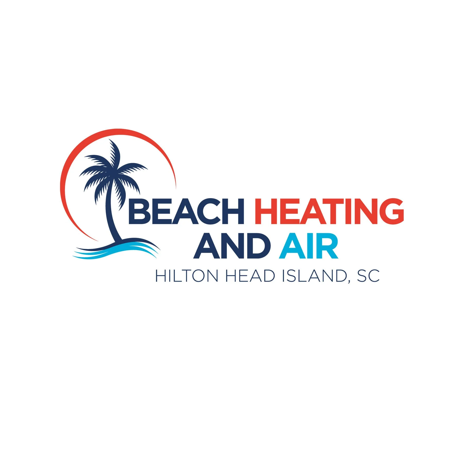 Logo for Beach Heating and Air featuring a palm tree, ocean waves, and text indicating services in Hilton Head Island, South Carolina.