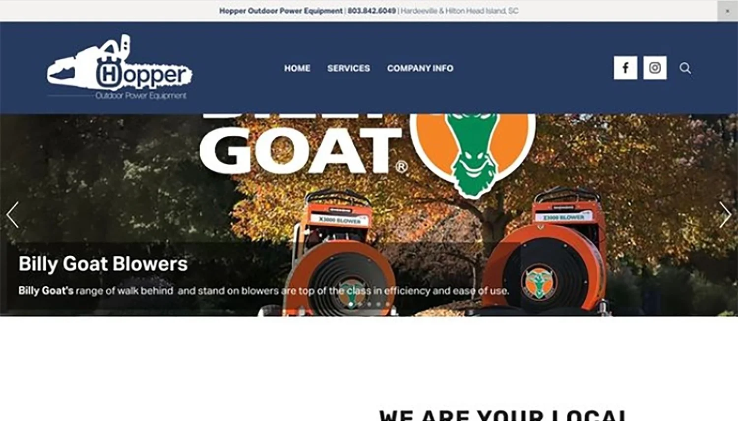Screenshot of the Hopper Outdoor Power Equipment website displaying Billy Goat Blowers, with two orange leaf blowers outdoors and autumn trees in the background.