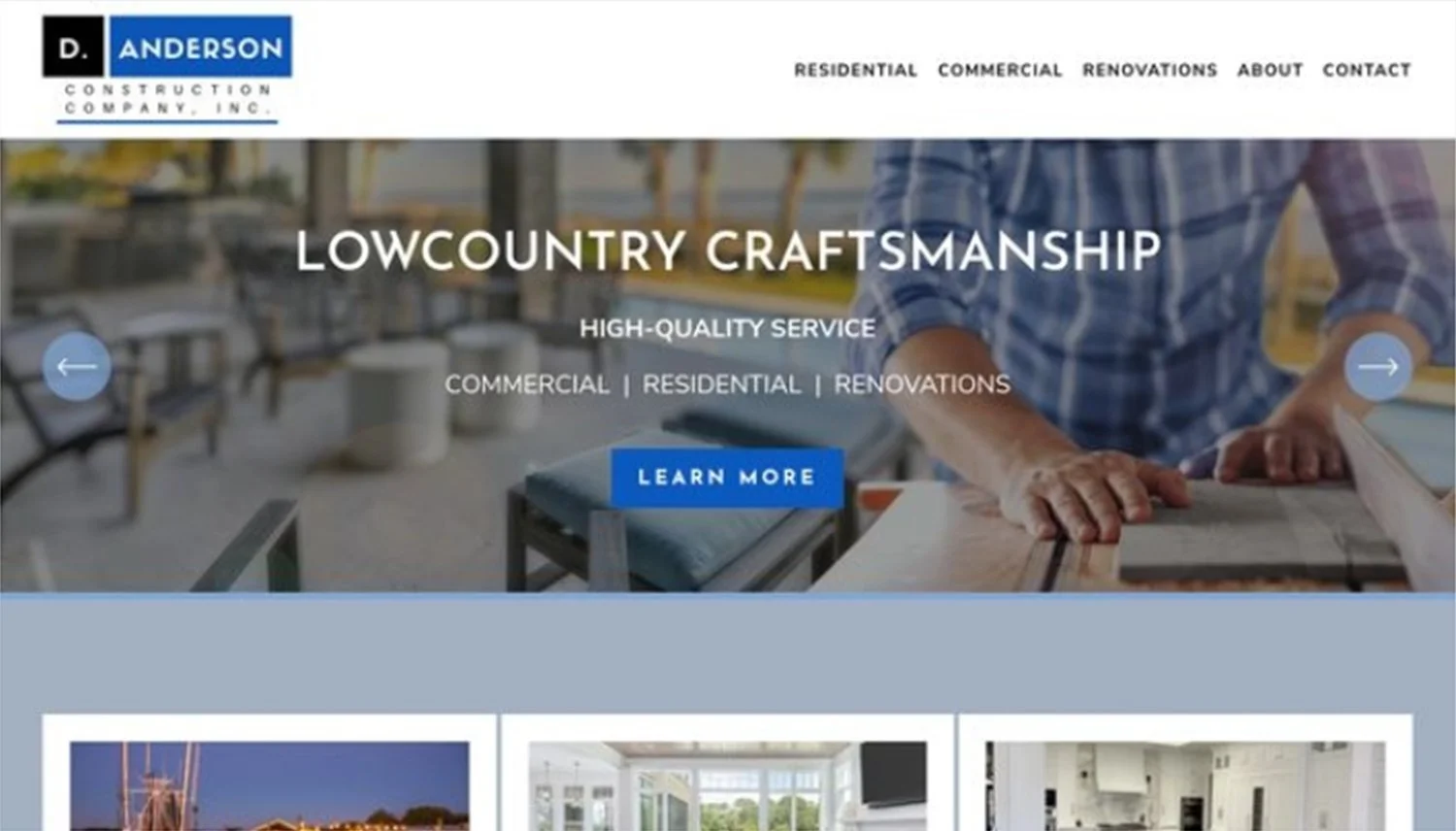 Homepage of Anderson Construction Company website with navigation menu, logo, and a background image of a person working on wood.