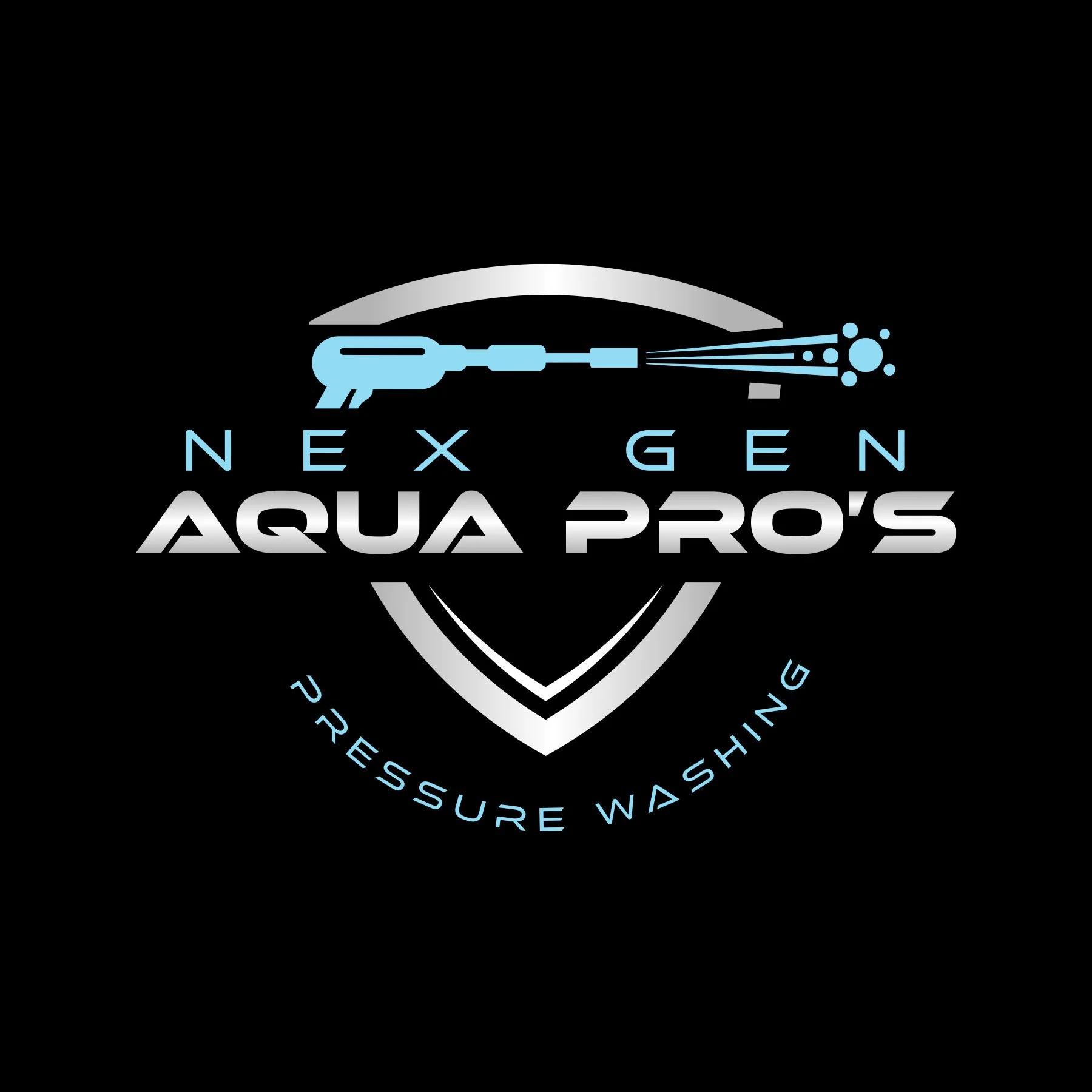 Logo for Next Gen Aqua Pro's pressure washing company. The logo features a stylized pressure washer spray gun emitting spray, with the company name "NEXT GEN AQUA PRO'S" and the text "PRESSURE WASHING" encircling the logo.