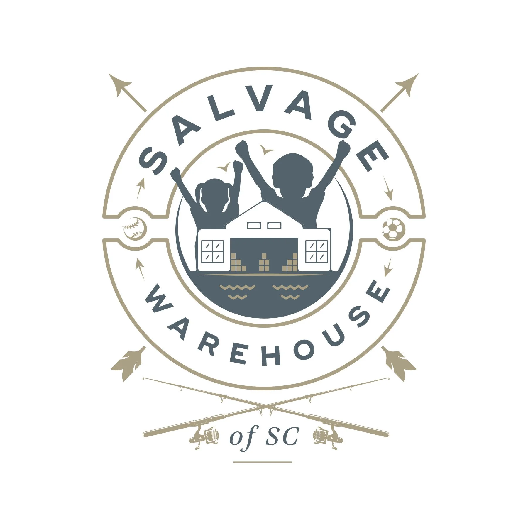 A logo with a badge design featuring a boat, children with raised arms, and surrounding elements such as a soccer ball, baseball, and fishing rods, with text indicating it's associated with the Waterhouse of South Carolina.