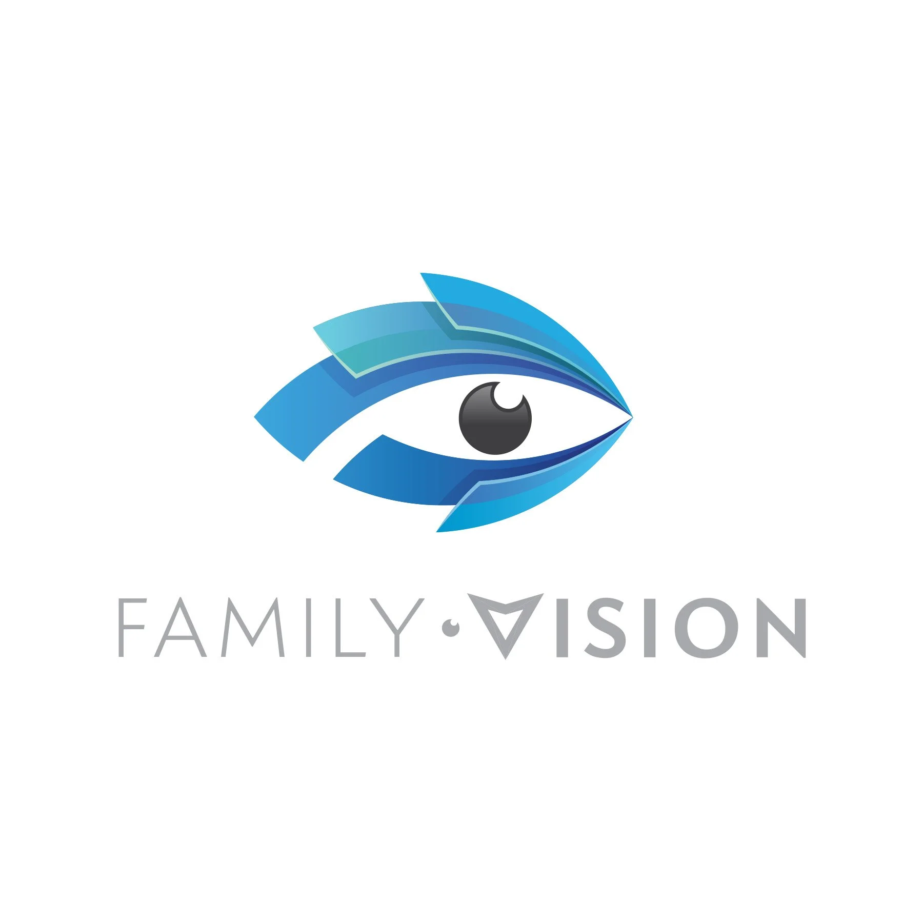 Stylized graphic of an eye with layered shades of blue forming the eyelid and eye shape, with a black pupil inside, below the text 'FAMILY VISION'.