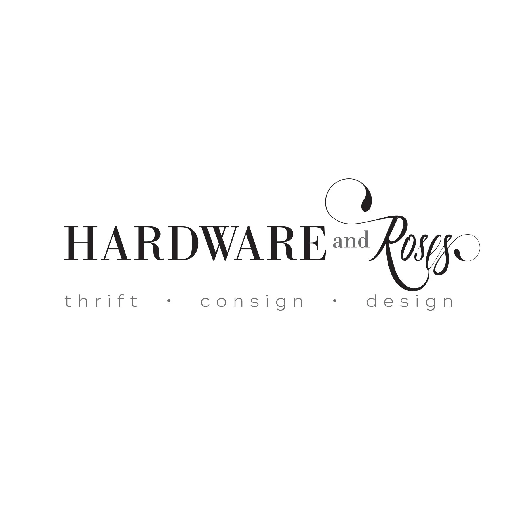 Logo for Hardware and Roses, a thrift, consignment, and design store, in black and gray elegant fonts on a white background.