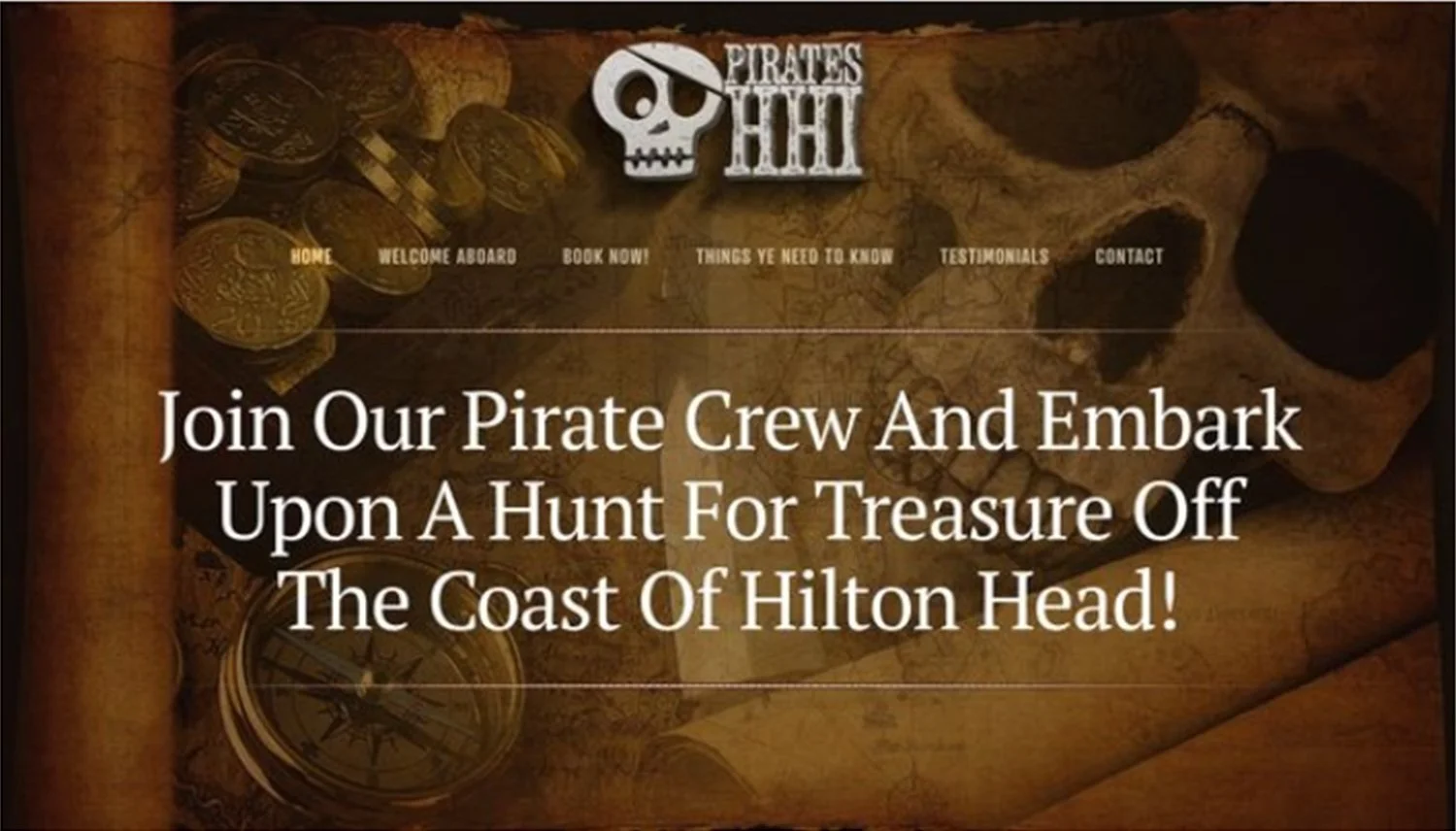 Pirates-themed website header with a skull and crossbones logo, gold coins, a map, and a compass. Text inviting to join the pirate crew for a treasure hunt along Hilton Head's coast.