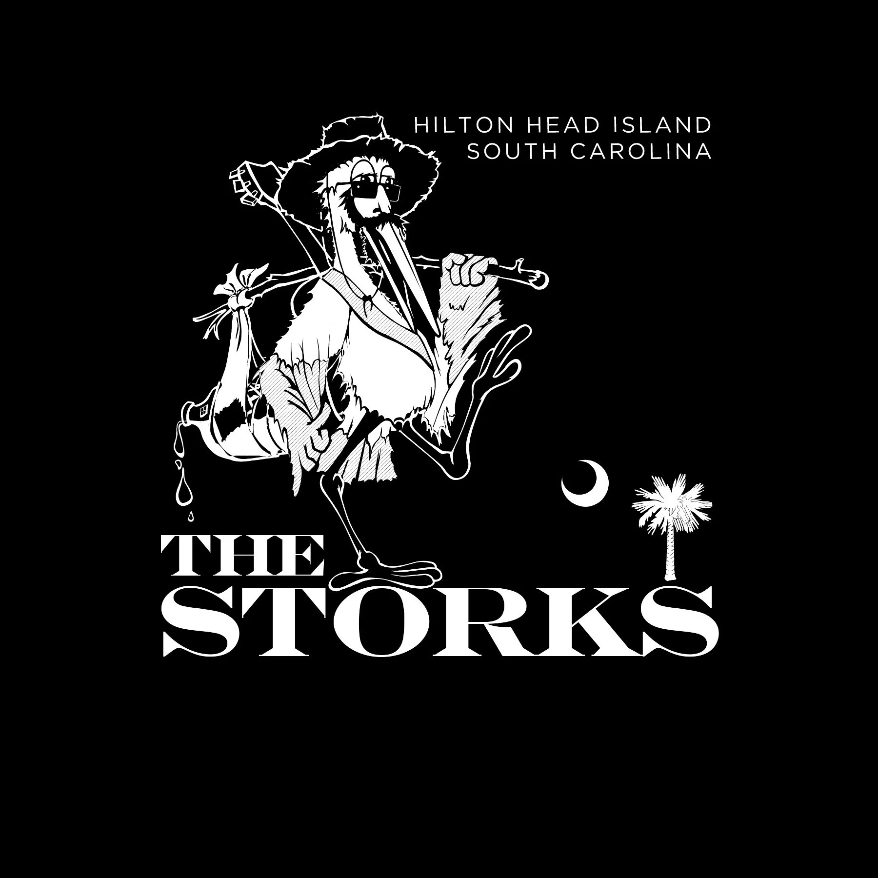 Black and white illustration of a rooster wearing sunglasses and a hat, carrying a bag and riding a bicycle under a crescent moon and palm tree. Text reads 'The Storks'. Also mentions Hilton Head Island, South Carolina.
