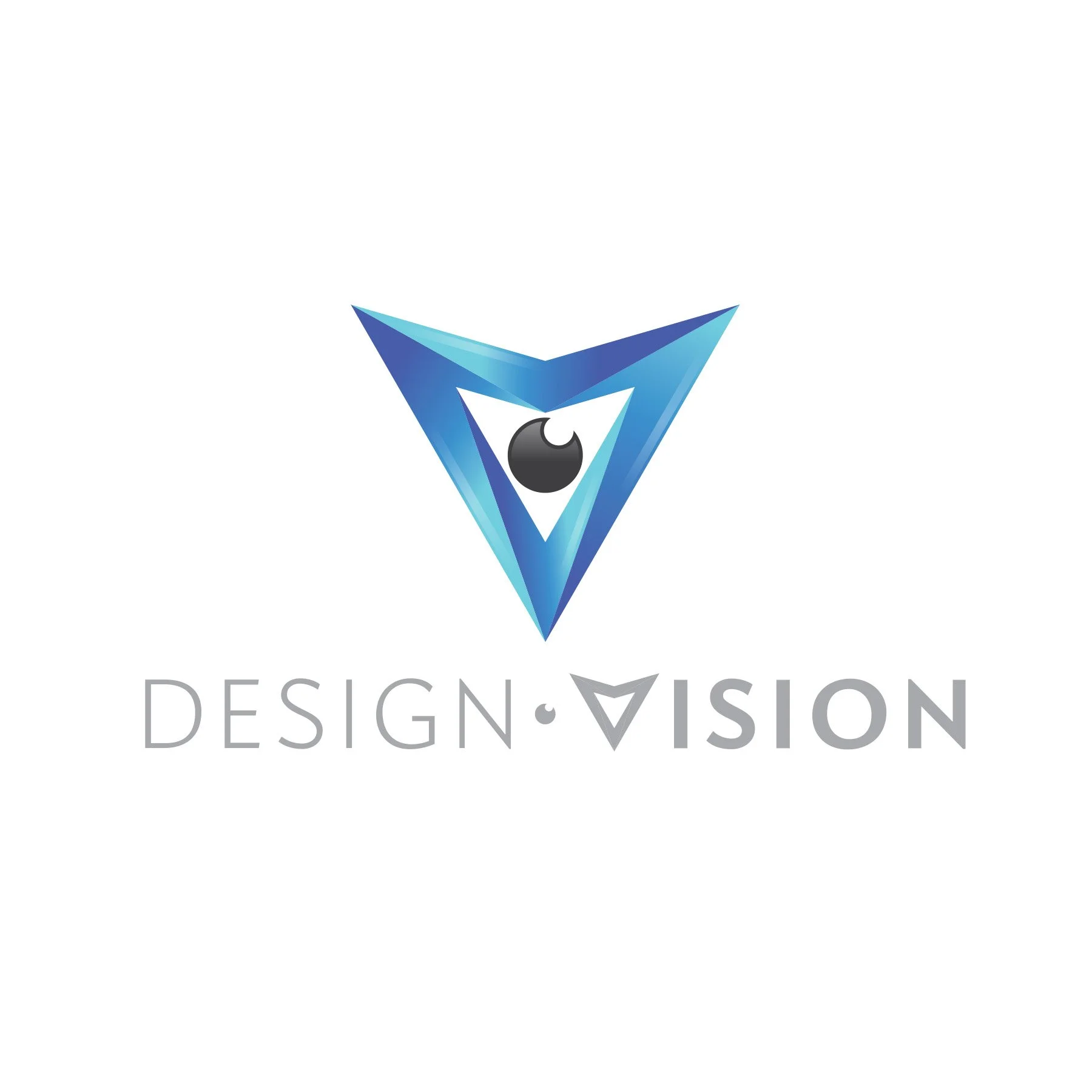 Logo with a blue geometric triangle and a black sphere inside, overlaid with the words "Design Vision" in light gray font.