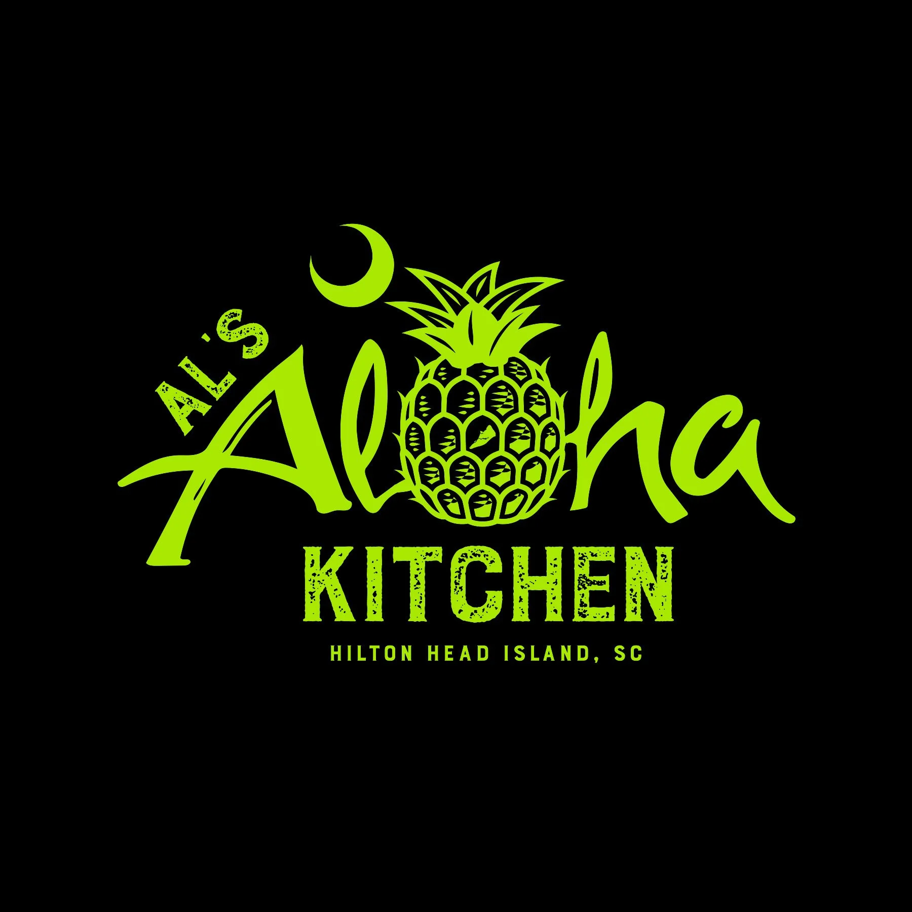 Green text and graphics on black background. Includes a pineapple, a crescent moon, and the words 'Alex's Kitchen' and 'Hilton Head Island, SC'.