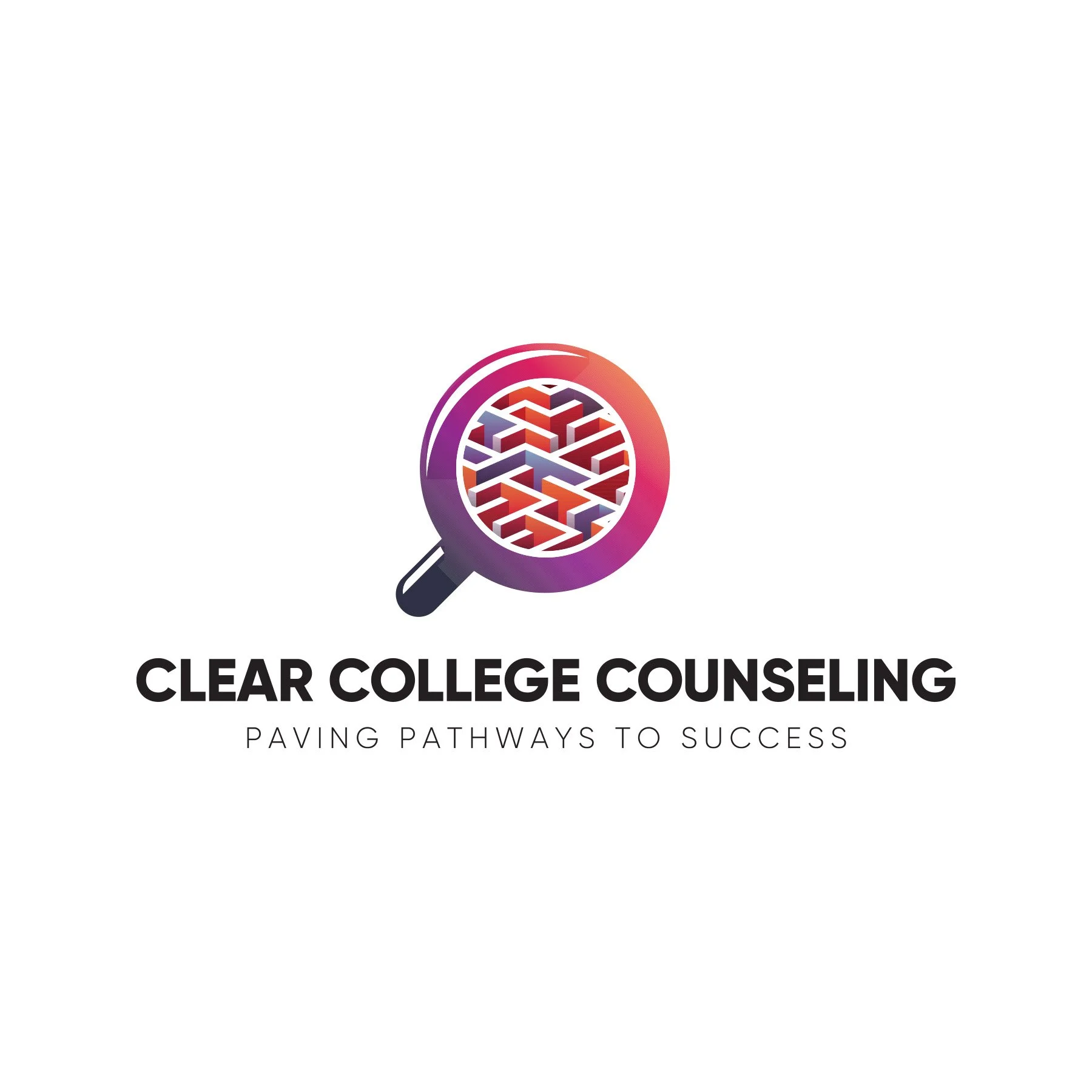 Logo for Clear College Counseling featuring a magnifying glass with a maze inside and the slogan 'Paving Pathways to Success'.