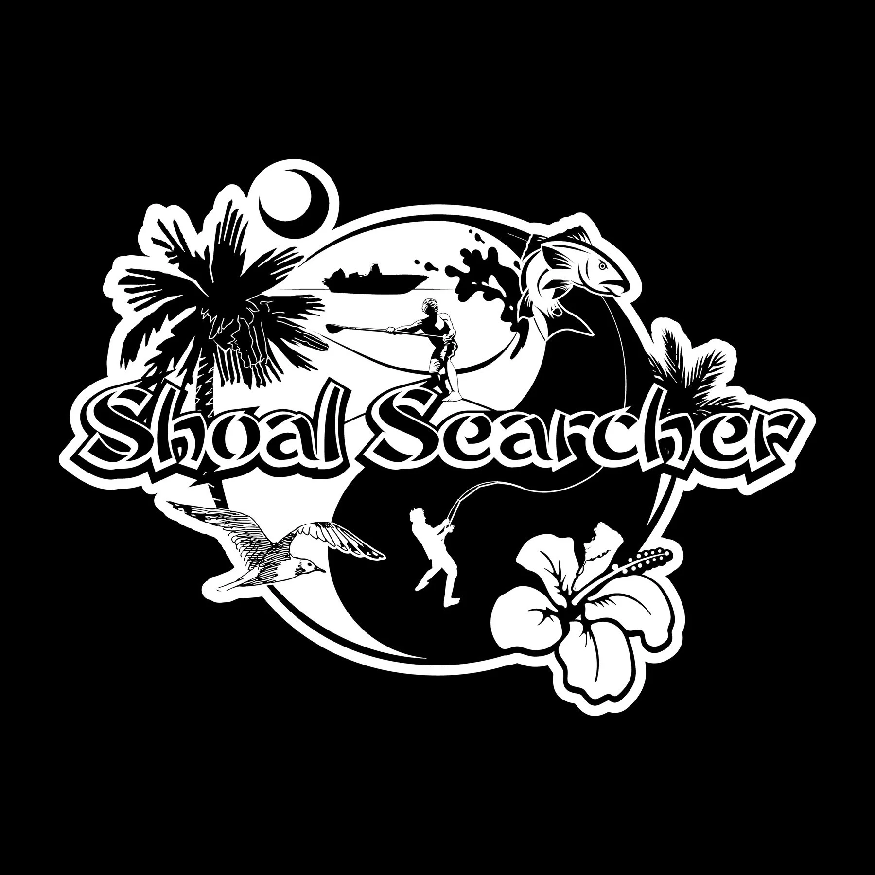 Design featuring a large fish, a man fishing, trees, clouds, a boat, a butterfly, a bird, flowers, and the words 'Shol Searcher' in stylized font, all in black and white.