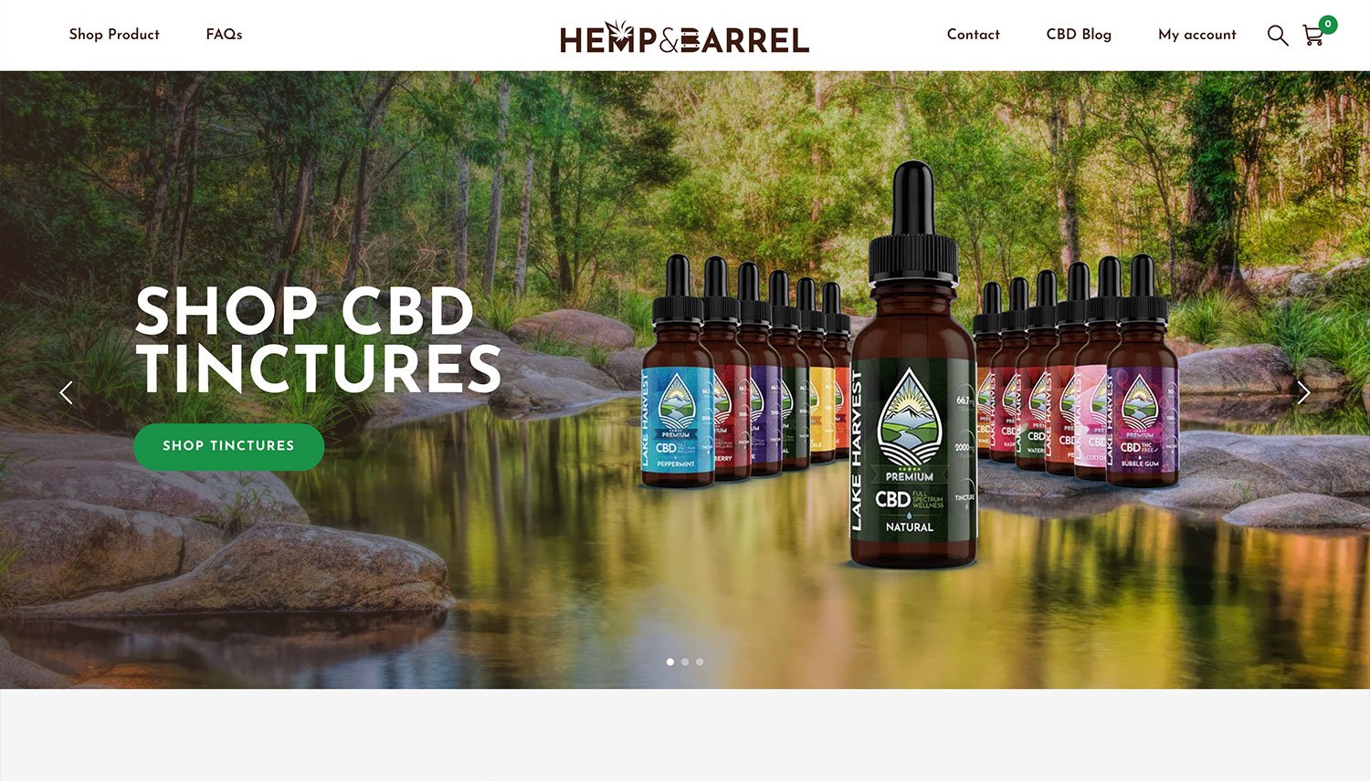 Website homepage for Hemp & Barrel featuring CBD tincture bottles in front of a forest and river background. Text includes 'Shop CBD Tinctures' and a green button labeled 'Shop Tinctures'.
