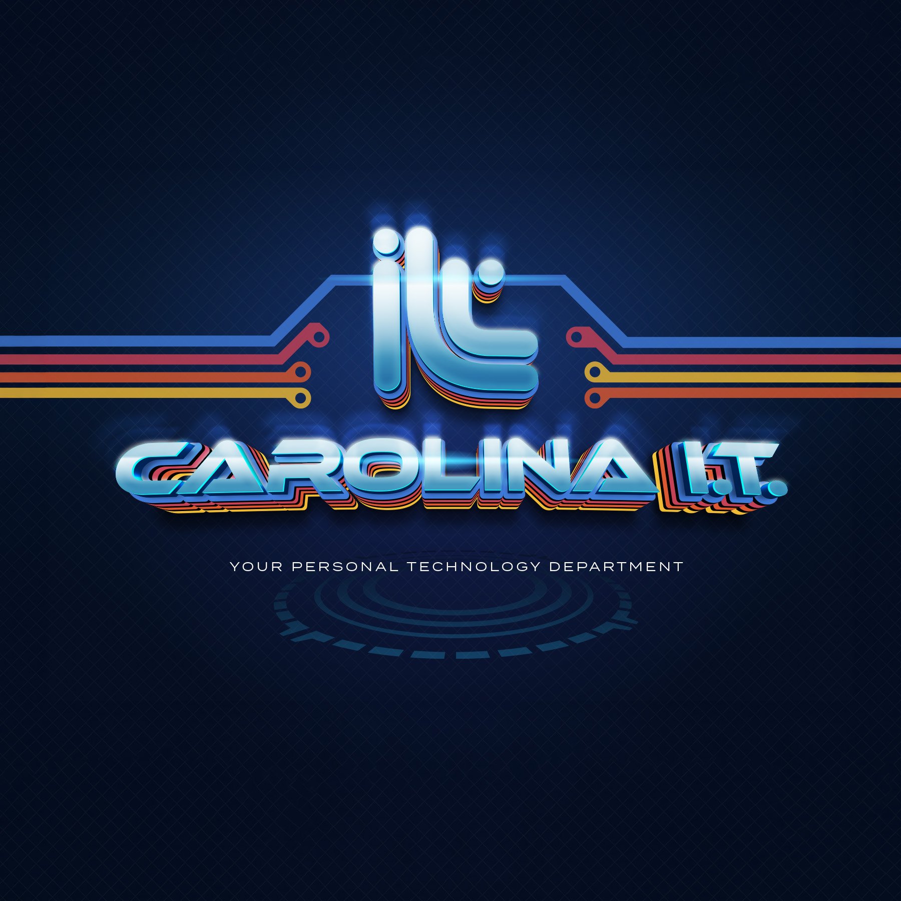 A digital graphic with a dark blue background and circuit-like lines in red, yellow, and blue. In the center, there is a stylized hand made of glowing blue and white elements, with the index finger touching the thumb. Below, the text reads "CAROLINA.