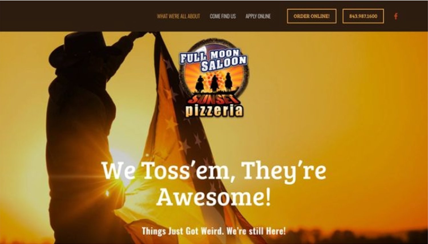 A person holding an American flag with a sunset in the background, promoting Full Moon Saloon, Sunset Pizzeria, with text 'We Toss 'em, They're Awesome!'.