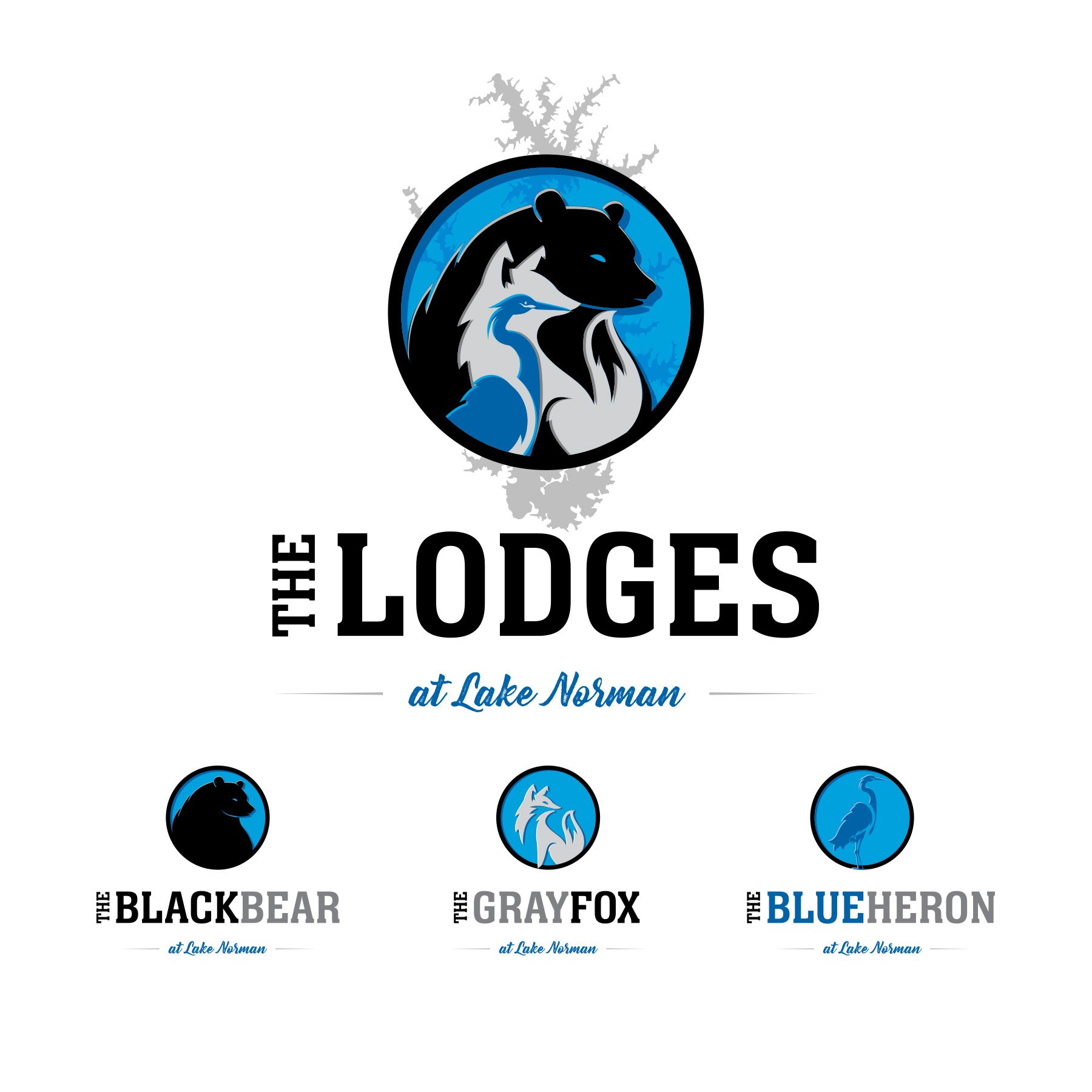 Promotion for The Lodges at Lake Norman featuring three animal icons: a bear in black on blue, a fox in gray on white, and a heron in blue on light blue, with the text "The Black Bear," "The Gray Fox," and "The Blue Heron" beneath each, and the locat