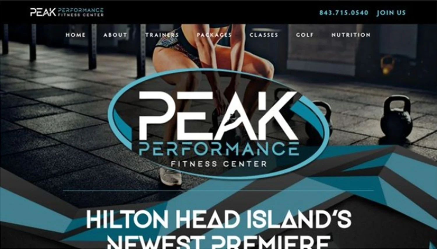 Website homepage for Peak Performance Fitness Center with a background image of a person lifting weights and kettlebells.