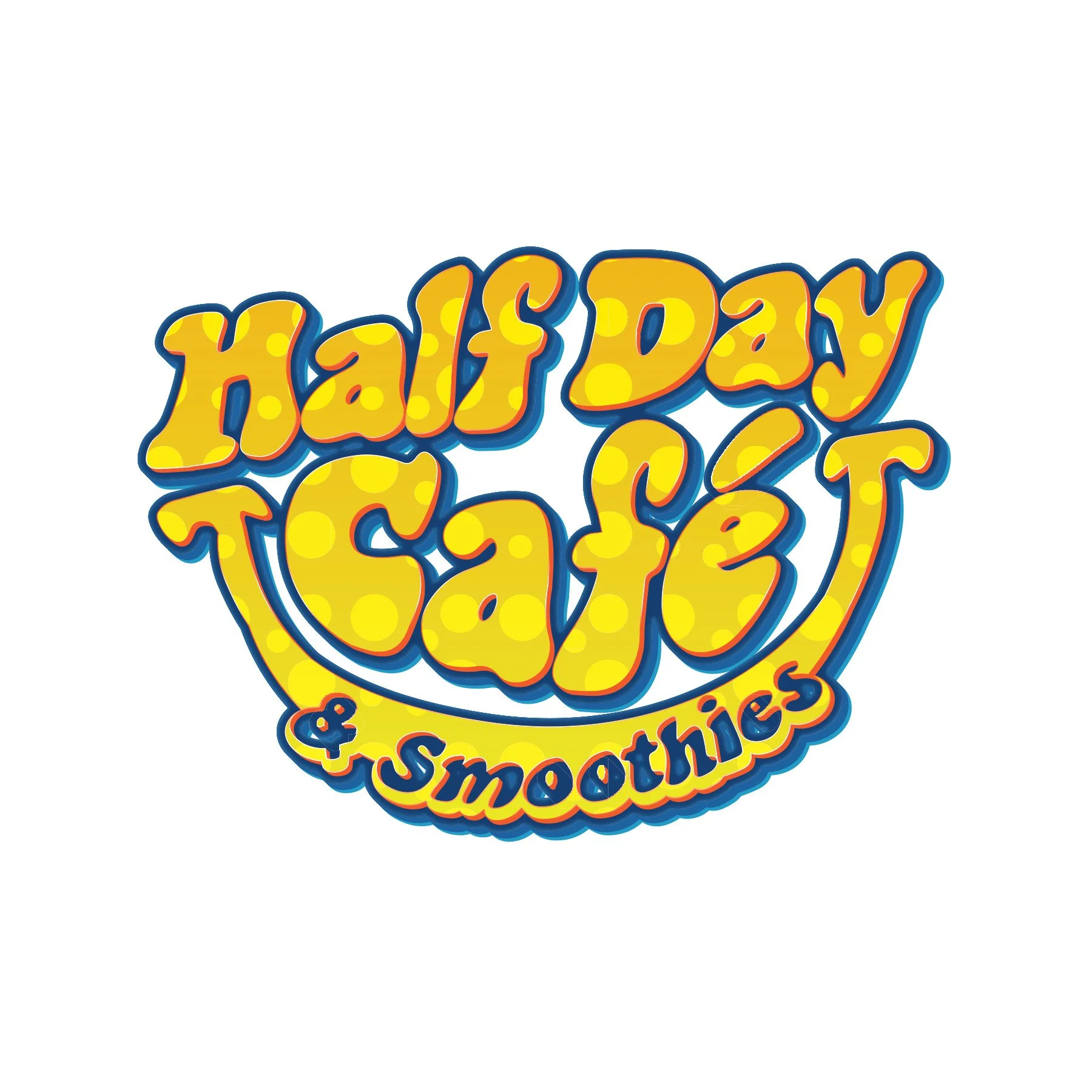 Colorful text saying 'Half Day & Smotics' in a playful, bubbly font with a yellow and orange polka-dot pattern, outlined in dark blue.