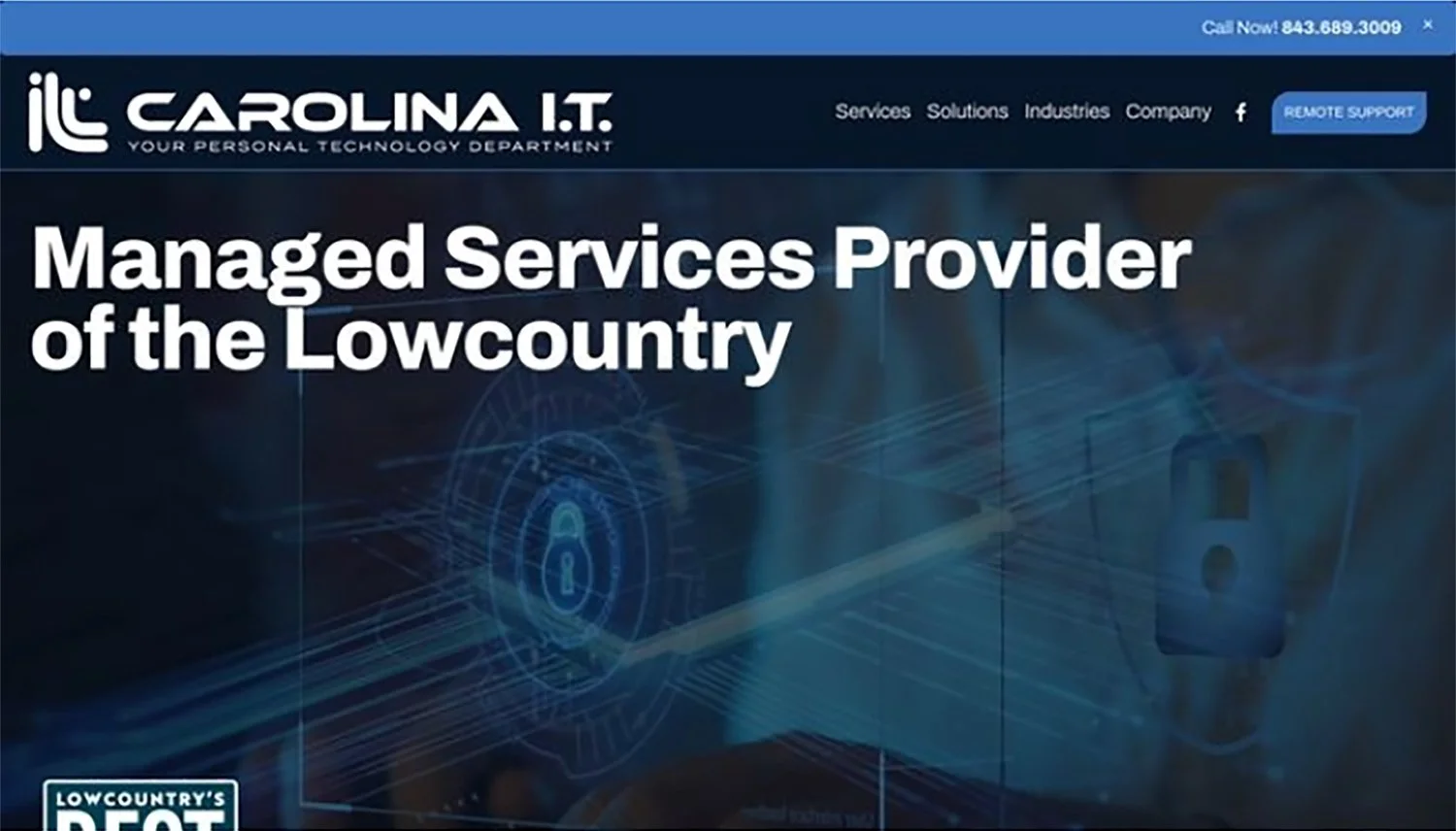 Homepage of Carolina I.T., a managed services provider, featuring a blue and black digital background with security icons and a lock symbol, along with contact information and navigation menu.
