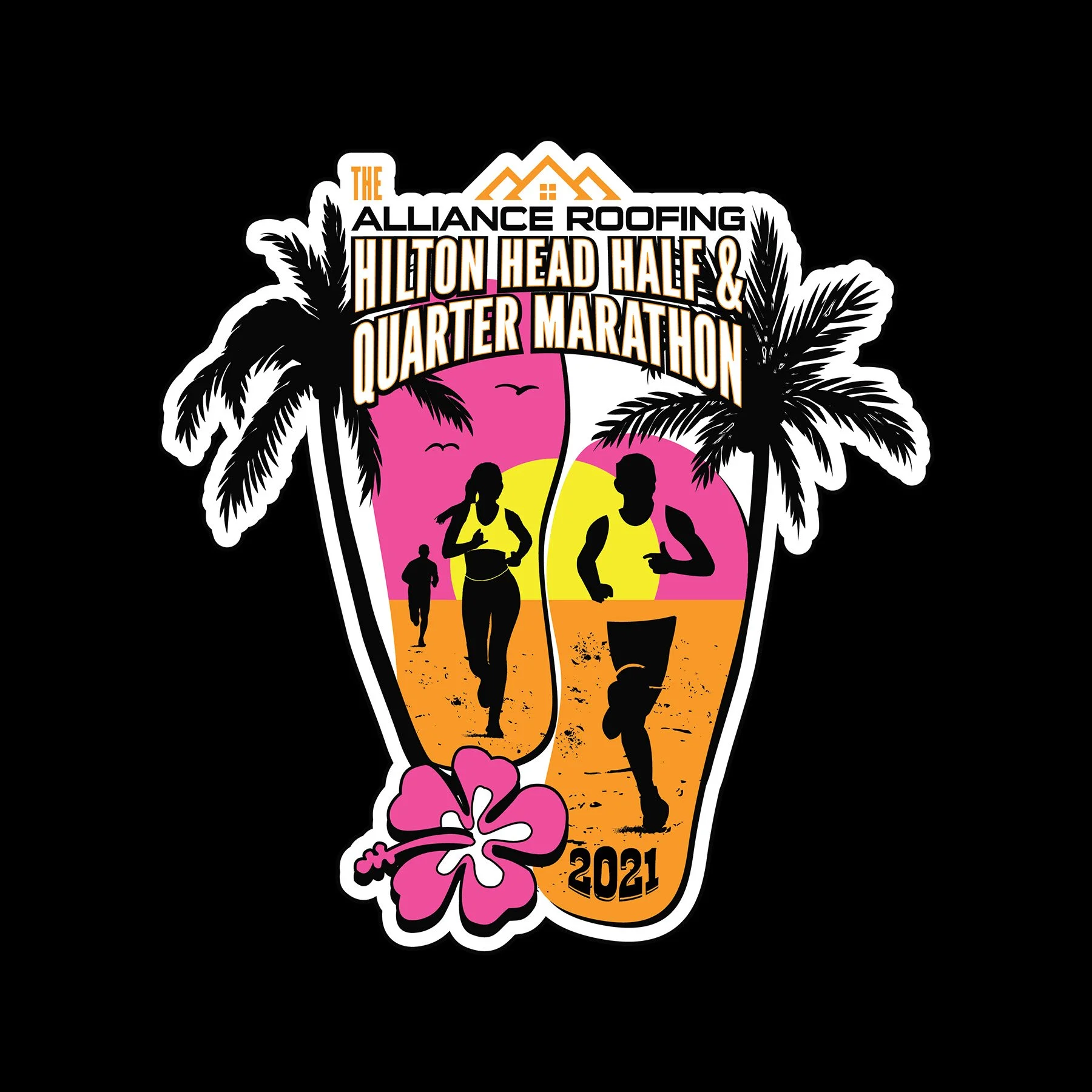 A graphic design logo for a 2021 marathon event featuring silhouettes of runners on a sunset beach scene with palm trees, mountains, and a hibiscus flower, with text indicating the event's sponsors and details.