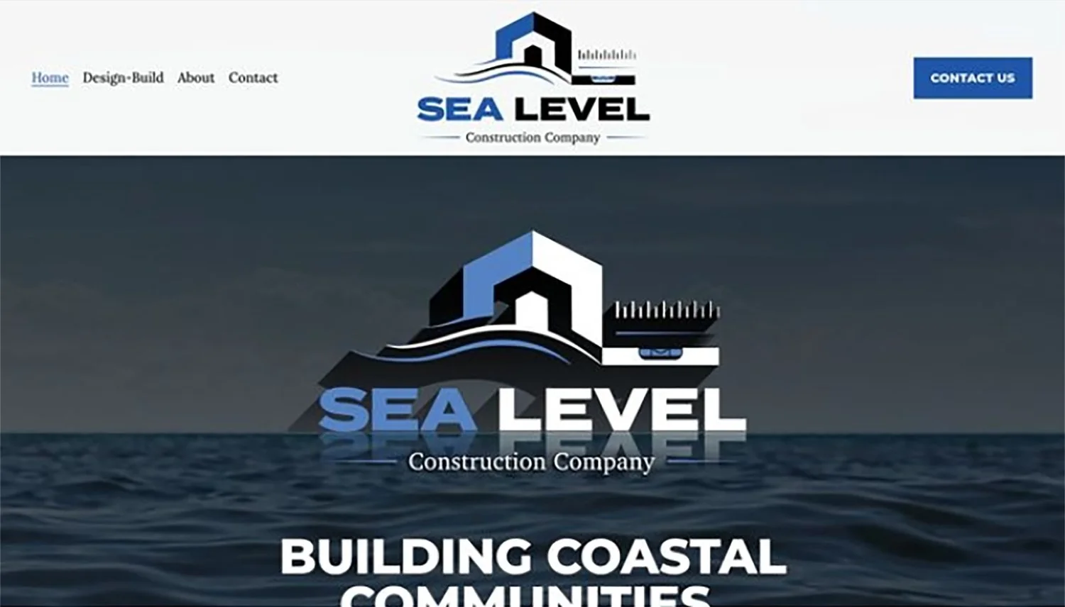 Screenshot of the Sea Level Construction Company's website with a logo featuring a house and water, and text promoting coastal community building services.