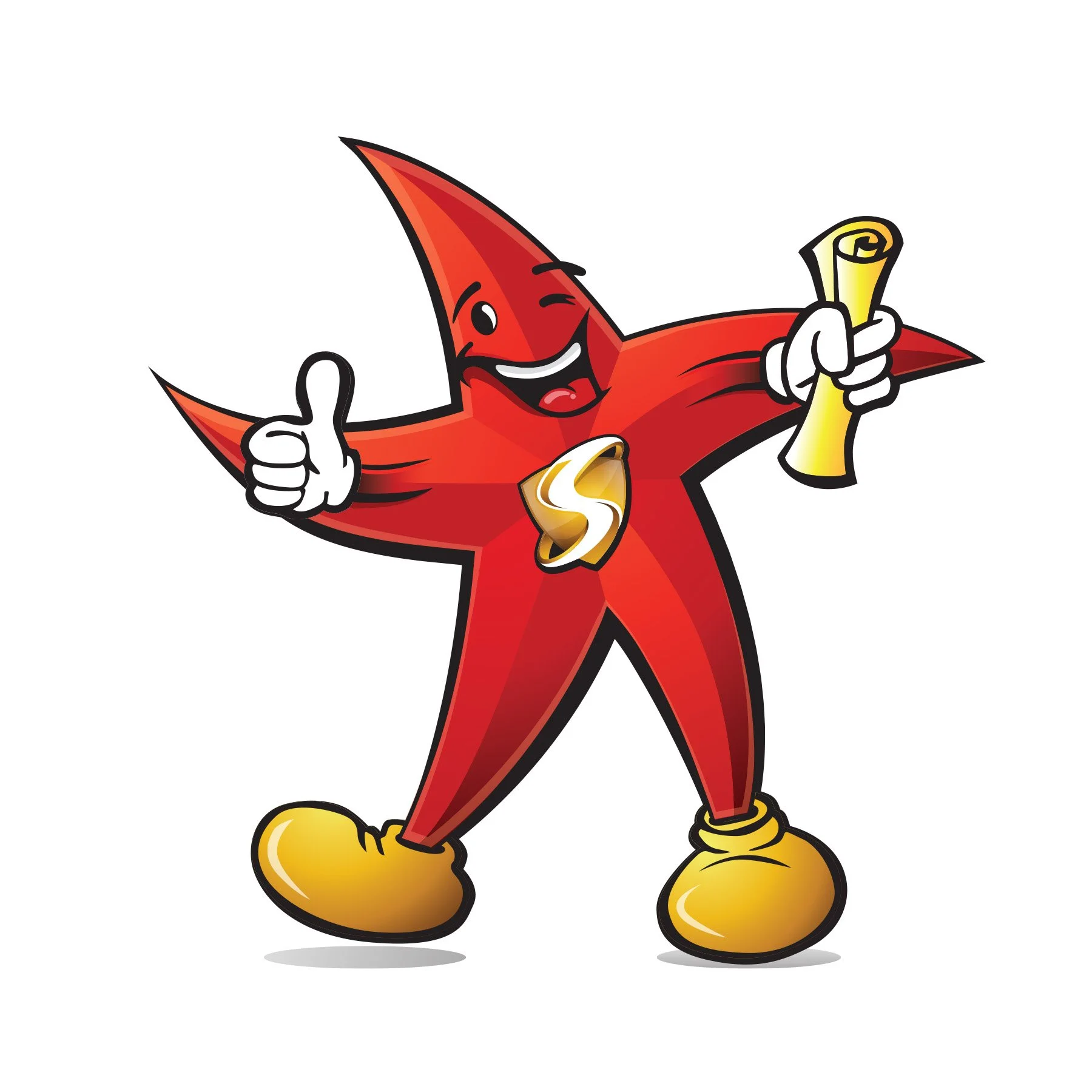 Cartoon red star character with a wide smile, wink, white gloves, and gold shoes, holding a yellow rolled-up paper in one hand and giving a thumbs up with the other.