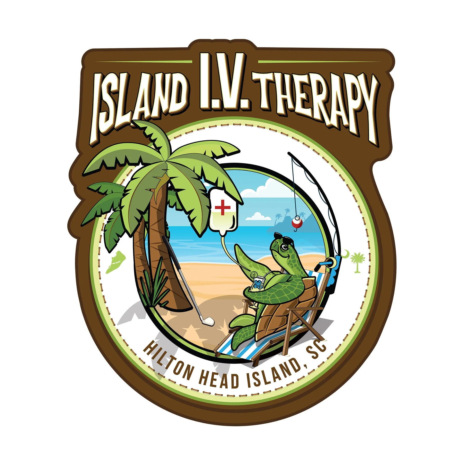 Badge with a tropical scene showing palm trees, the ocean, and a kayak, surrounded by a brown border with green accents. Text at the top reads 'Island I.V. Therapy' and at the bottom 'Hilton Head Island, SC'.