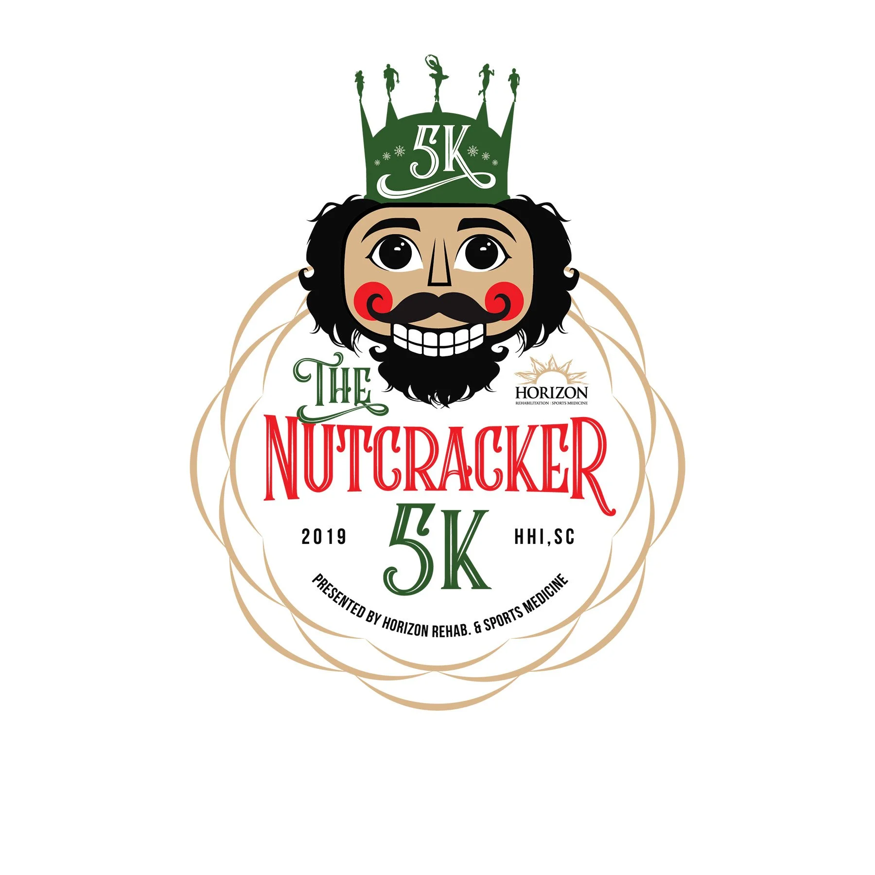A stylized cartoon face of a man with black curly hair, big eyes, and a mustache, wearing a green crown with 5K and snowflake designs, and the words 'The Nutcracker 5K' in red and green text, promoting the 2019 event in Hilton Head Island, South Caro