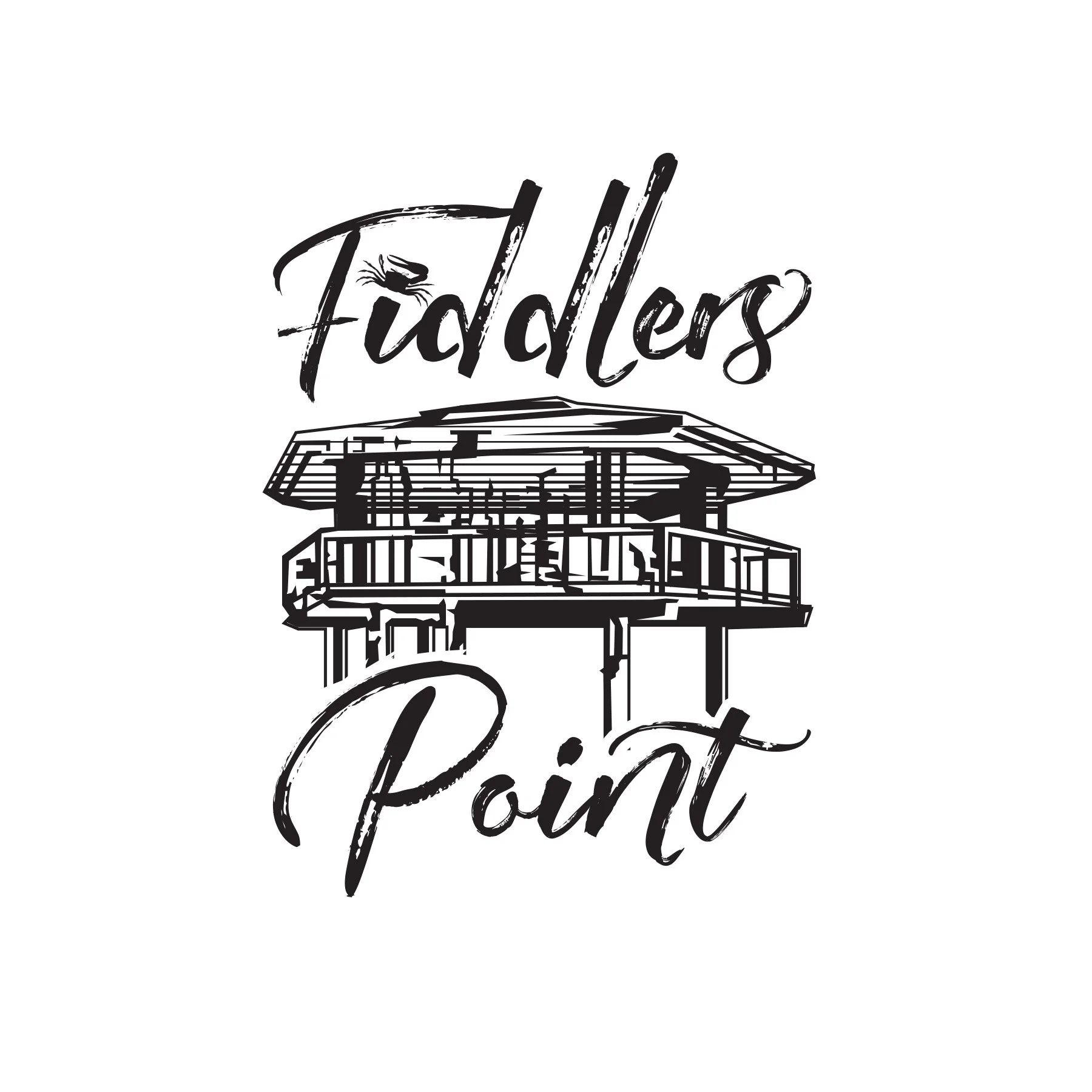 A black-and-white illustration featuring the word 'Fiddlers' above a fishing pier or dock structure, with the word 'Point' in a cursive script below.