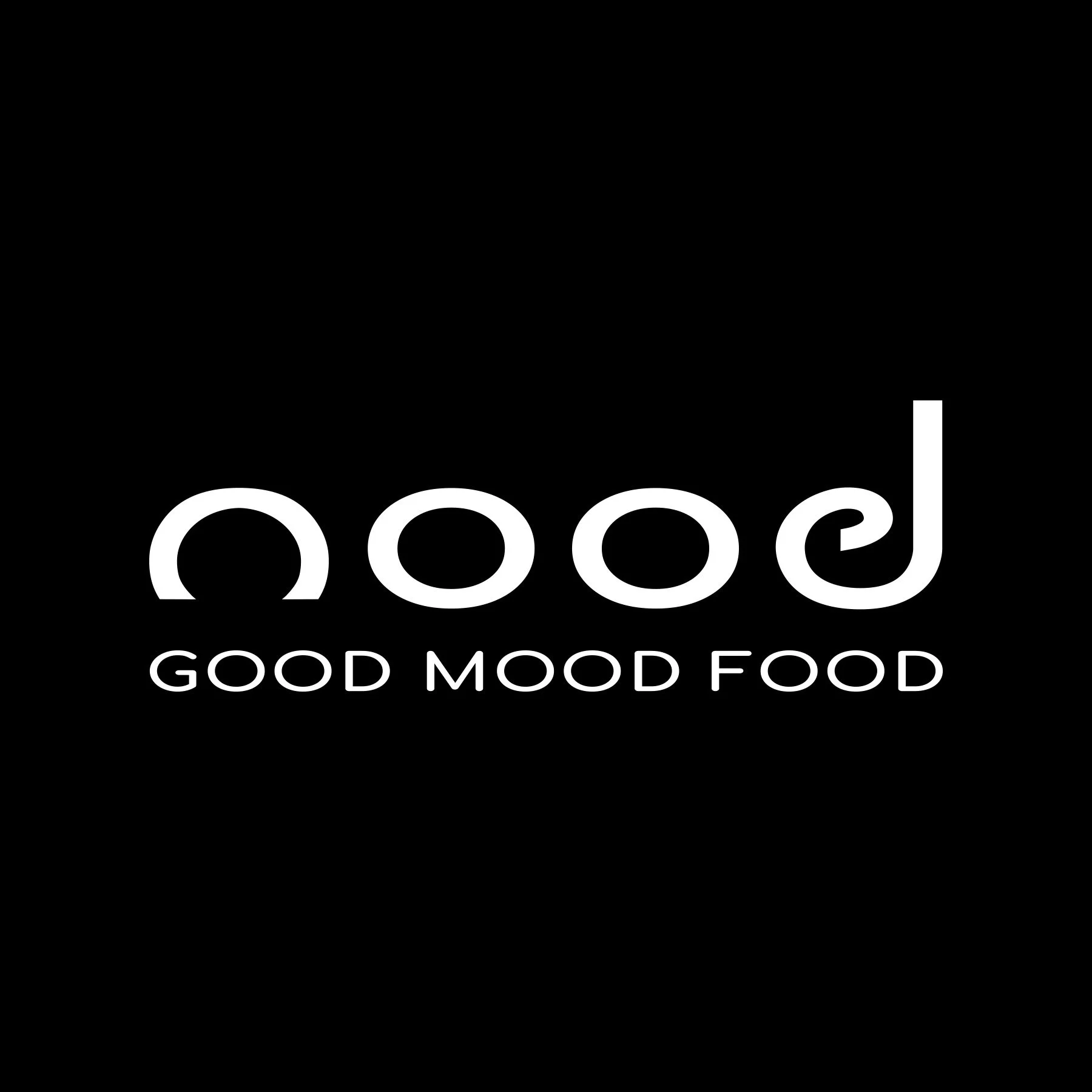 Black background with white text that says "Good Mood Food" and a stylized word "food" in lowercase with the letters "f" and "d" connected.