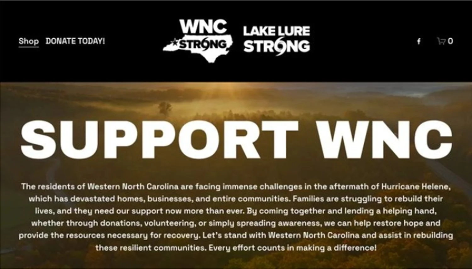 Website homepage supporting Western North Carolina communities affected by Hurricane Helene, with large bold text 'Support WNC' and a background image of a landscape at sunrise.