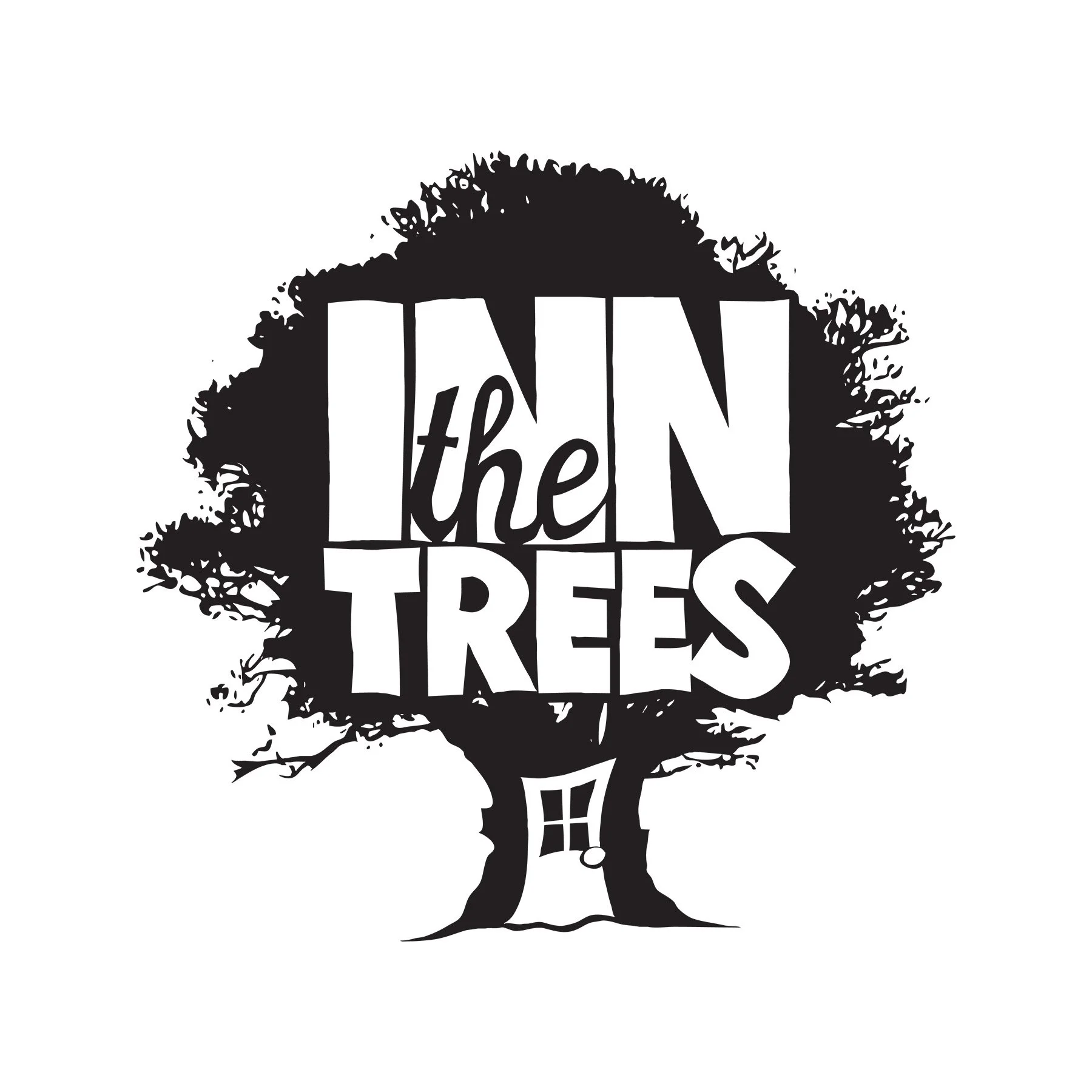 Black silhouette of a tree with the words 'then trees' integrated into the branches, and the trunk shaped like a tree house.