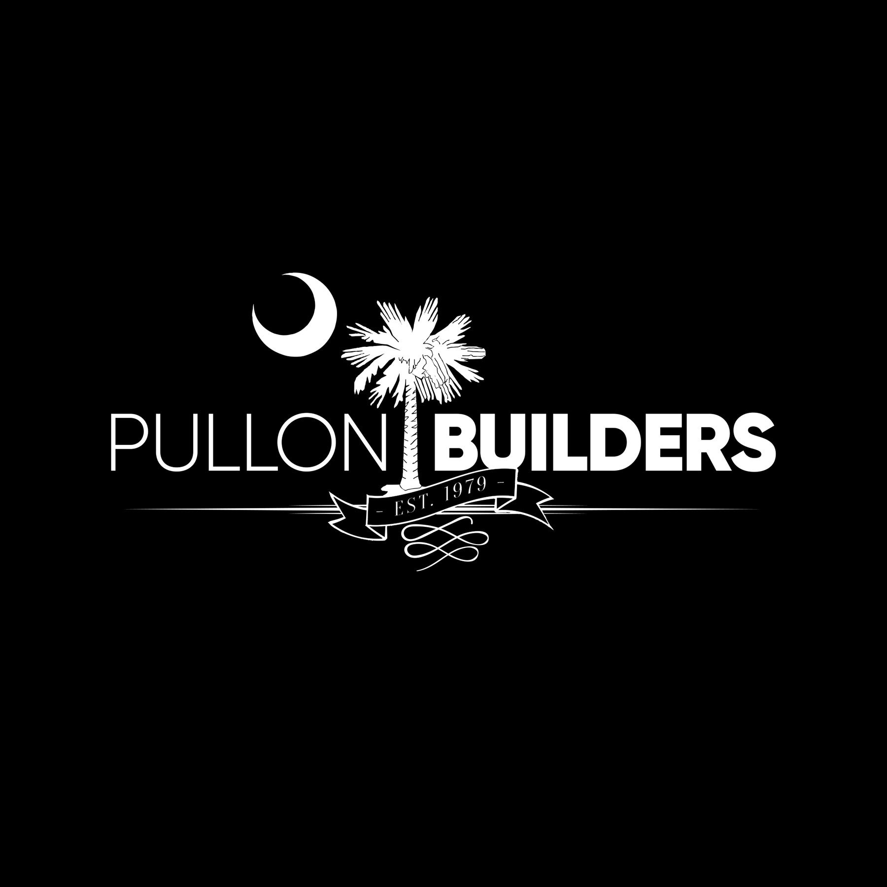 Black and white logo for Pullon Builders featuring a palm tree, a crescent moon, and the establishment year 1979 with decorative ribbons.