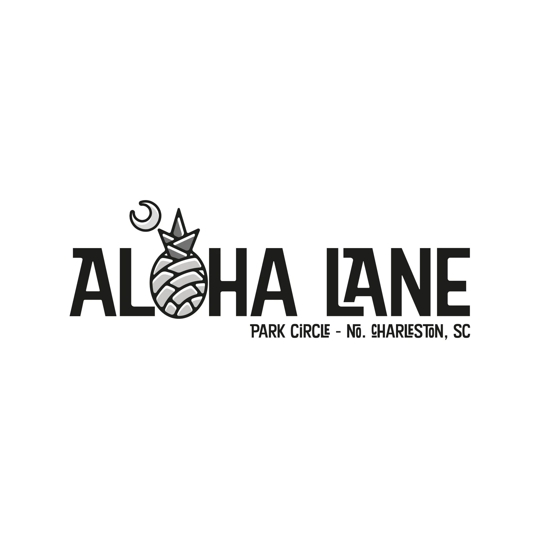 Black text that reads 'Aloha Lane' with a stylized pineapple logo above the text and additional smaller text below that says 'Park Circle - No. Charleston, SC' on a white background.
