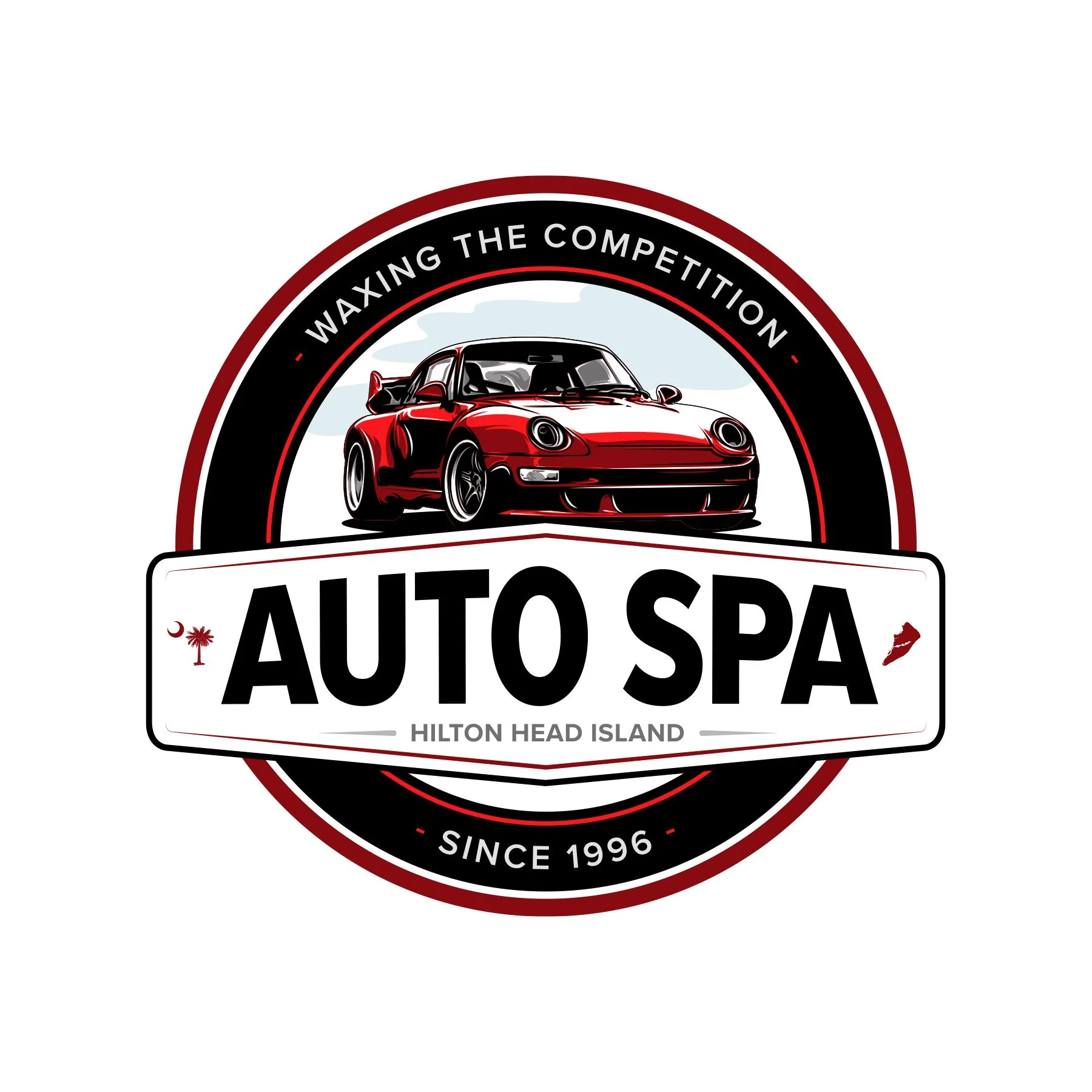 Logo for Auto Spa at Hilton Head Island, featuring a red sports car and the text 'Waxing the Competition' and 'Since 1996'.
