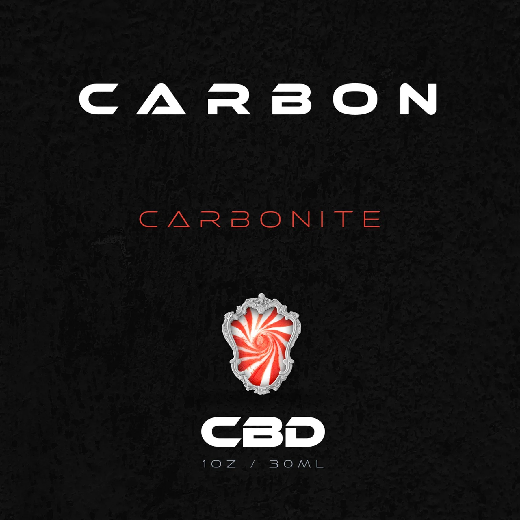 Black packaging design with the word "CARBON" in large white letters and a small red neon "CARBONITE" below it. An ornate white frame with a red and white swirled design inside is centered below the text. The bottom indicates the product contains 10 