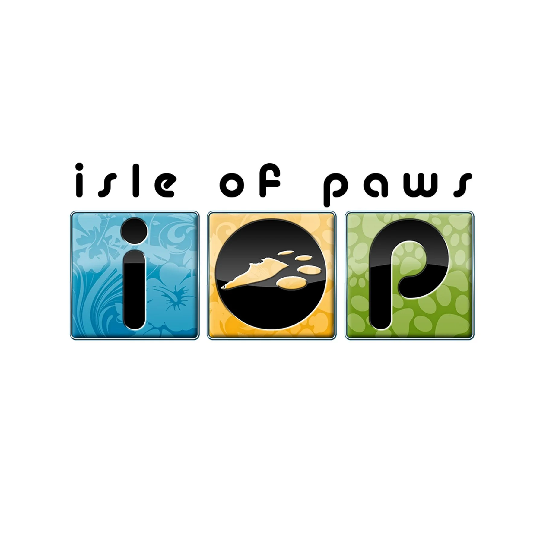 Logo with the words "isle of paws" in black, stylized font, with decorative backgrounds featuring a blue floral pattern, a sandy beach scene, and green leaves.